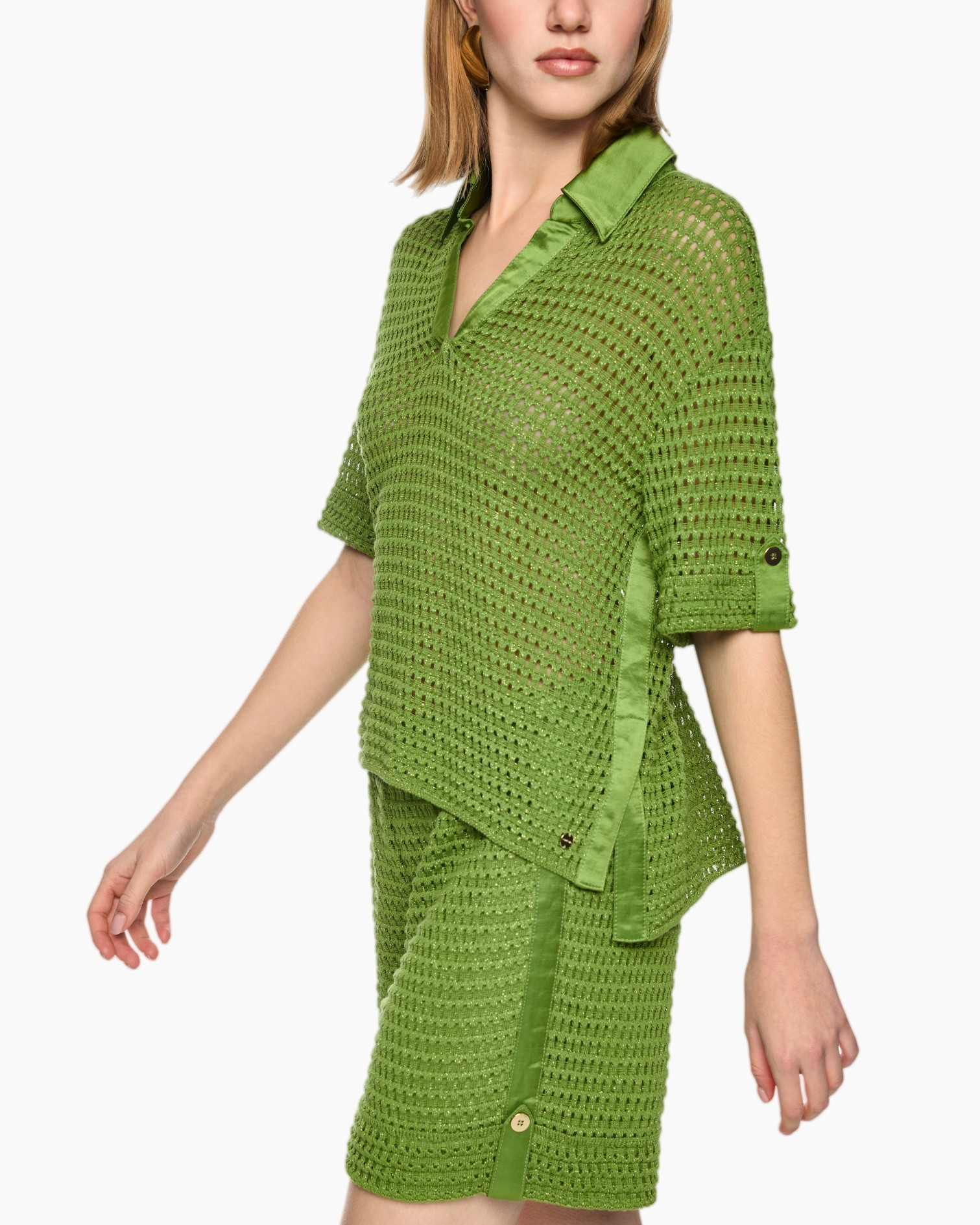 green, crochet, knit, short sleeve, v-neck