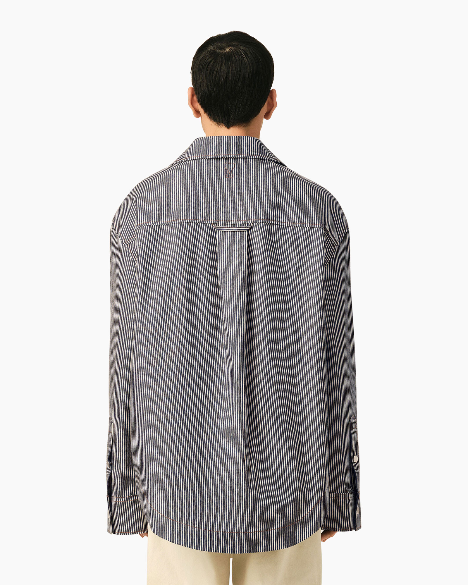 striped jacket, overshirt, snap buttons, front pockets, beige tee