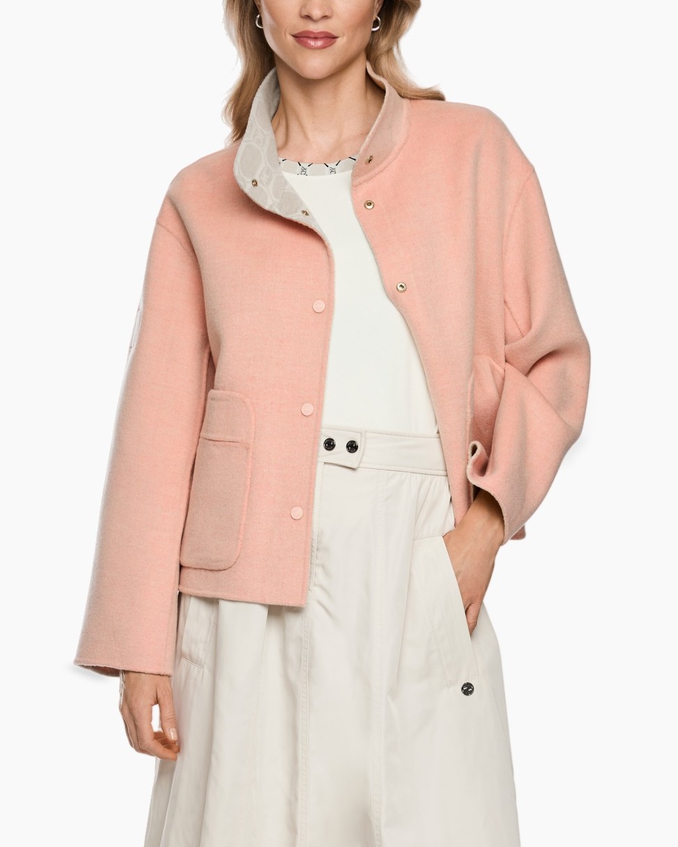 pink jacket, camel coat, snap buttons, patch pocket, loose fit