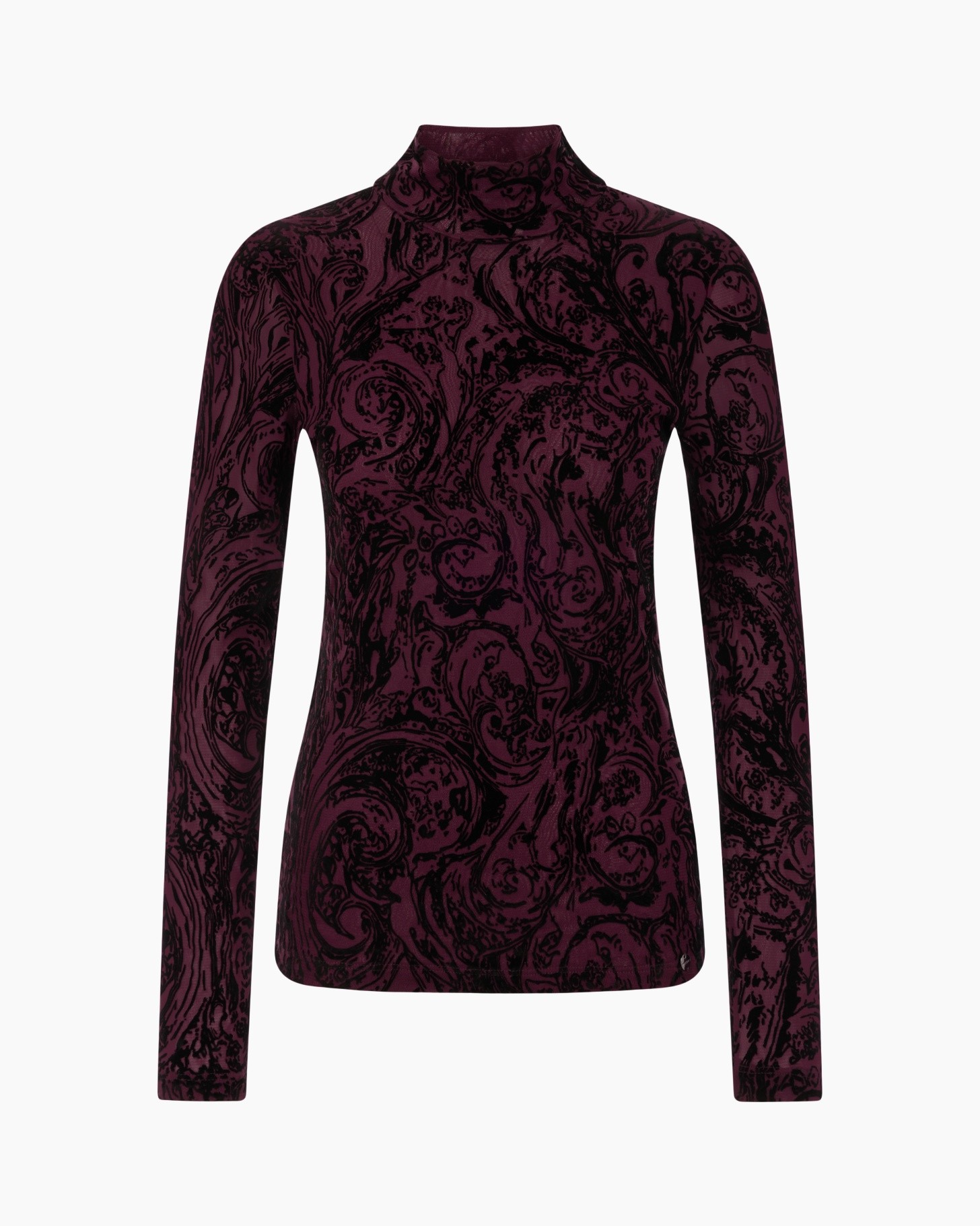 turtleneck, long-sleeve, burgundy, paisley, fitted