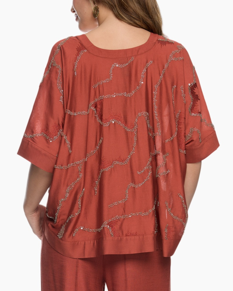 top, blouse, embellished, linen, rust