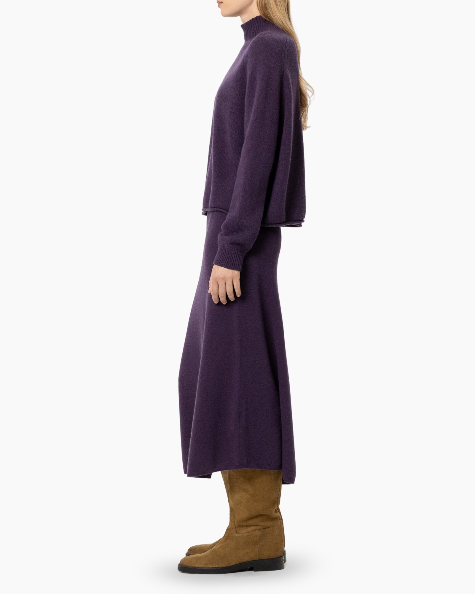 knit sweater, turtleneck, purple, sweater set, calf-length skirt
