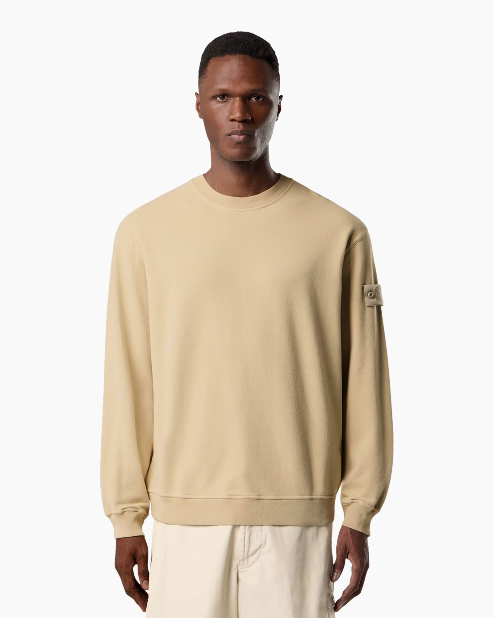 sweatshirt, beige, long_sleeves, crew_neck, cargo_patch_sleeve