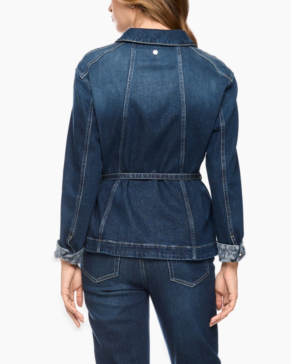 denim jacket, jean jacket, belted, button closure, contrast stitching