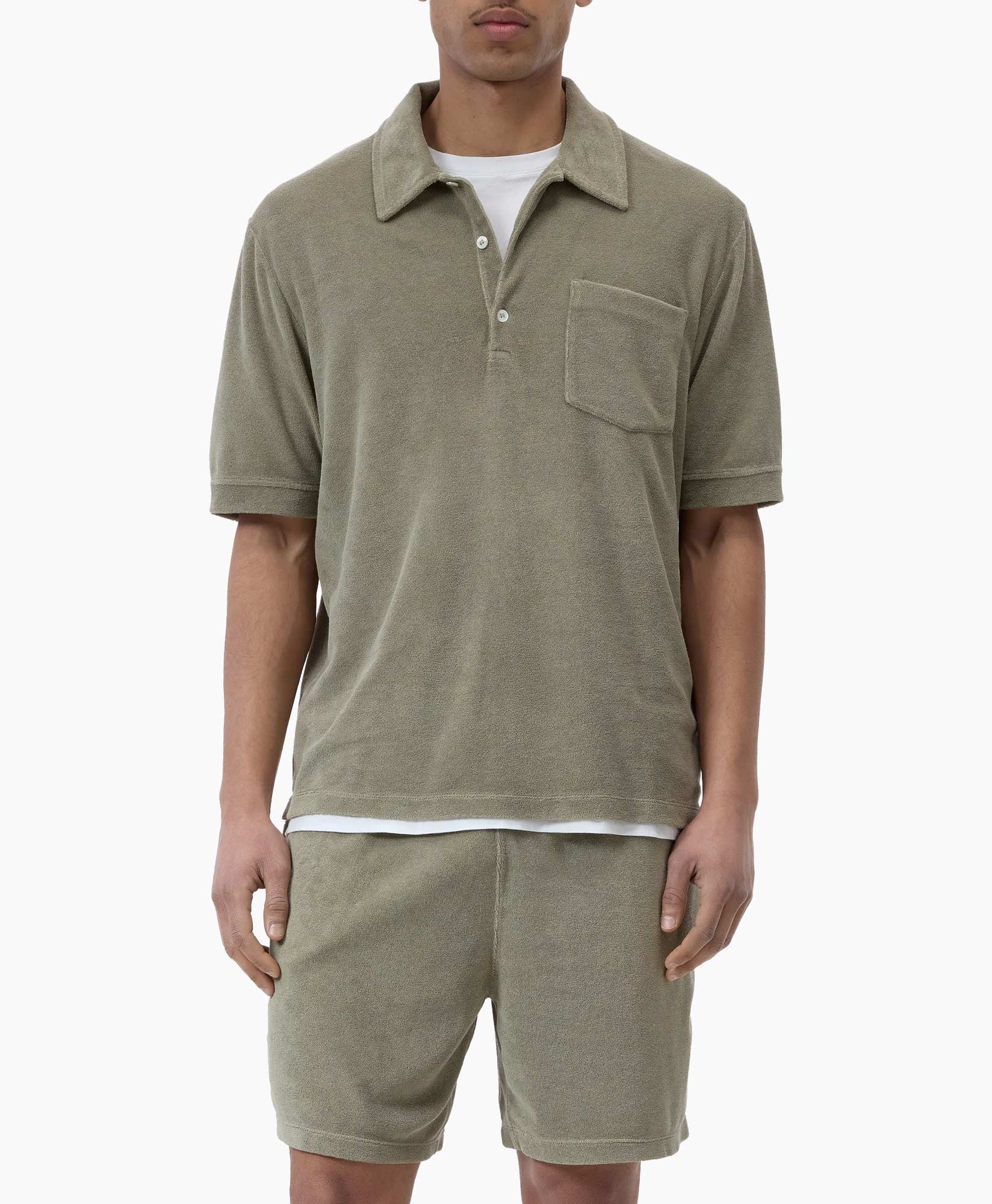 polo shirt, short sleeve, pocket, collared, olive green