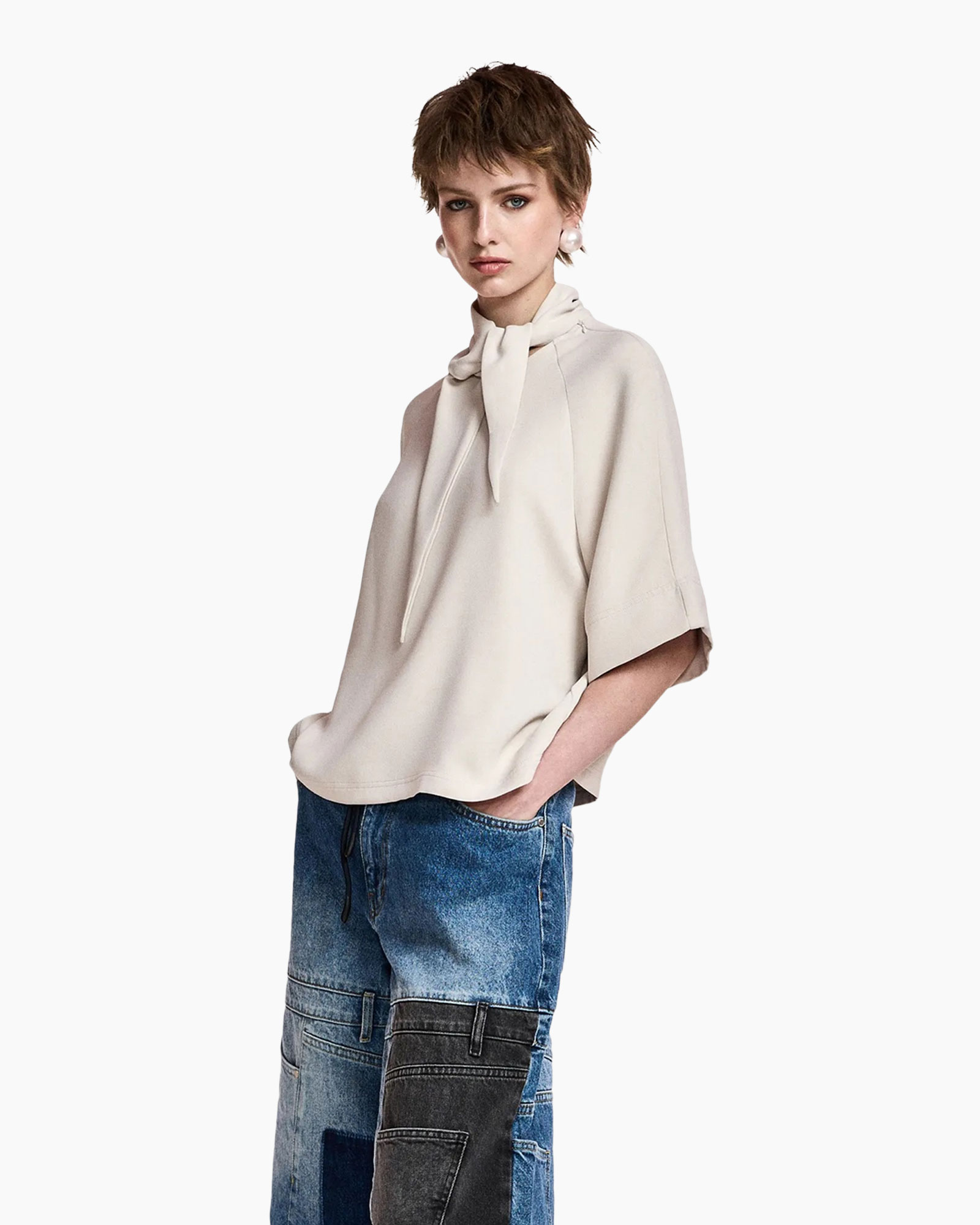 top, scarf, beige, short-sleeve, pants