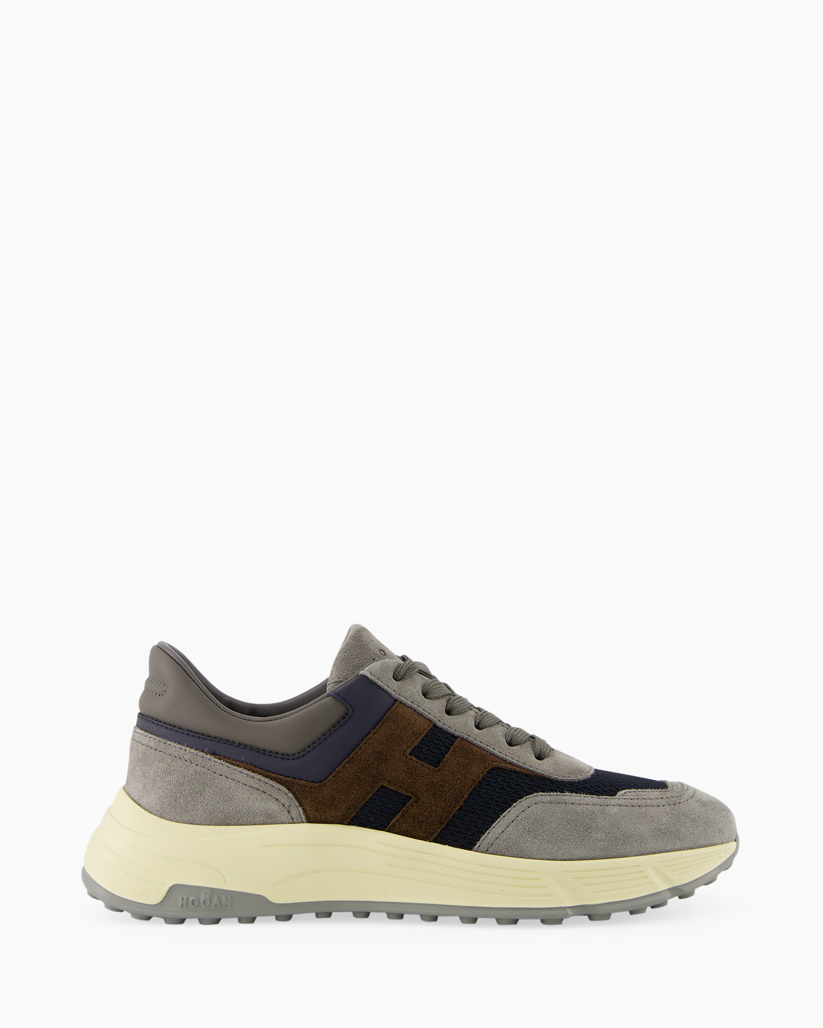 sneakers, athletic shoe, gray, brown suede, rubber sole