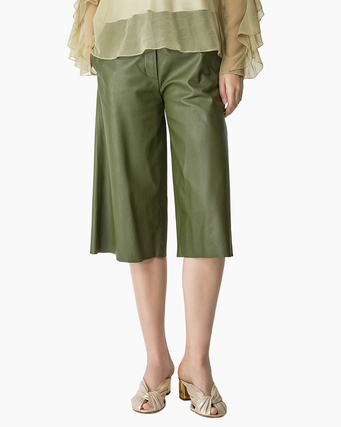 green culotte, leather-like, knee-length, wide-leg, slip-on sandals