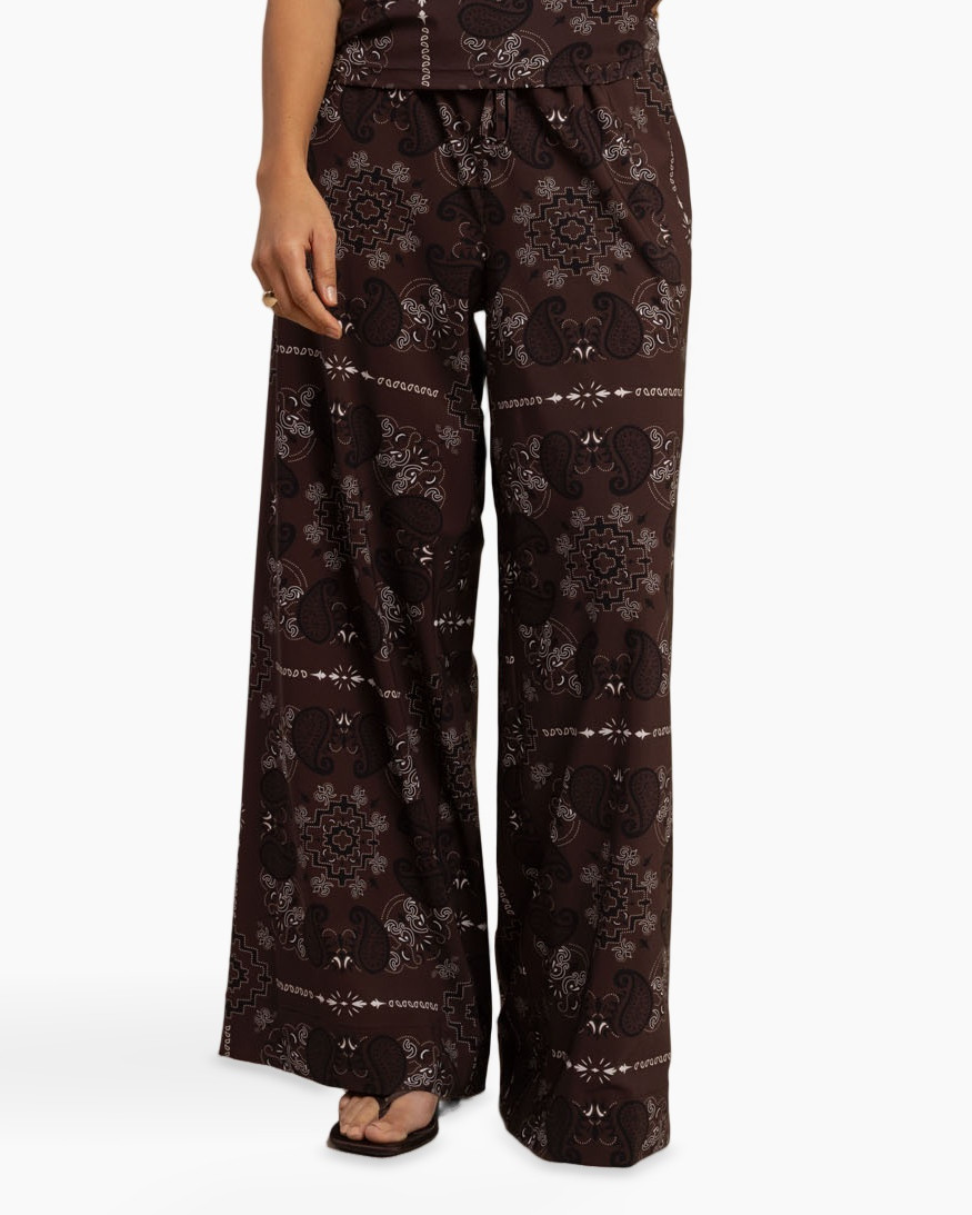 wide-leg pants, paisley pattern, brown pants, drawstring waist, flowy pants