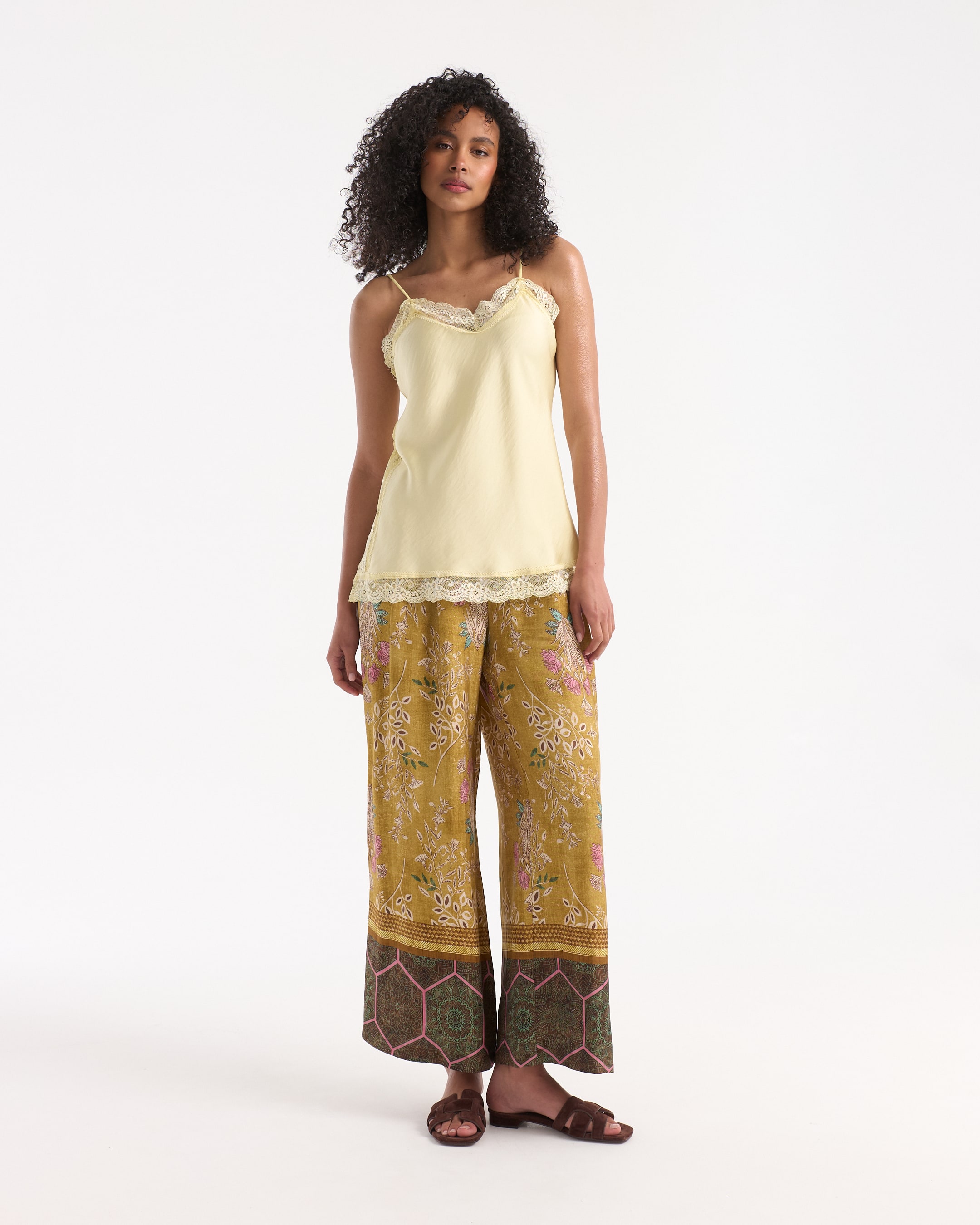satin camisole, lace trim, spaghetti straps, pajama set, wide-leg pants