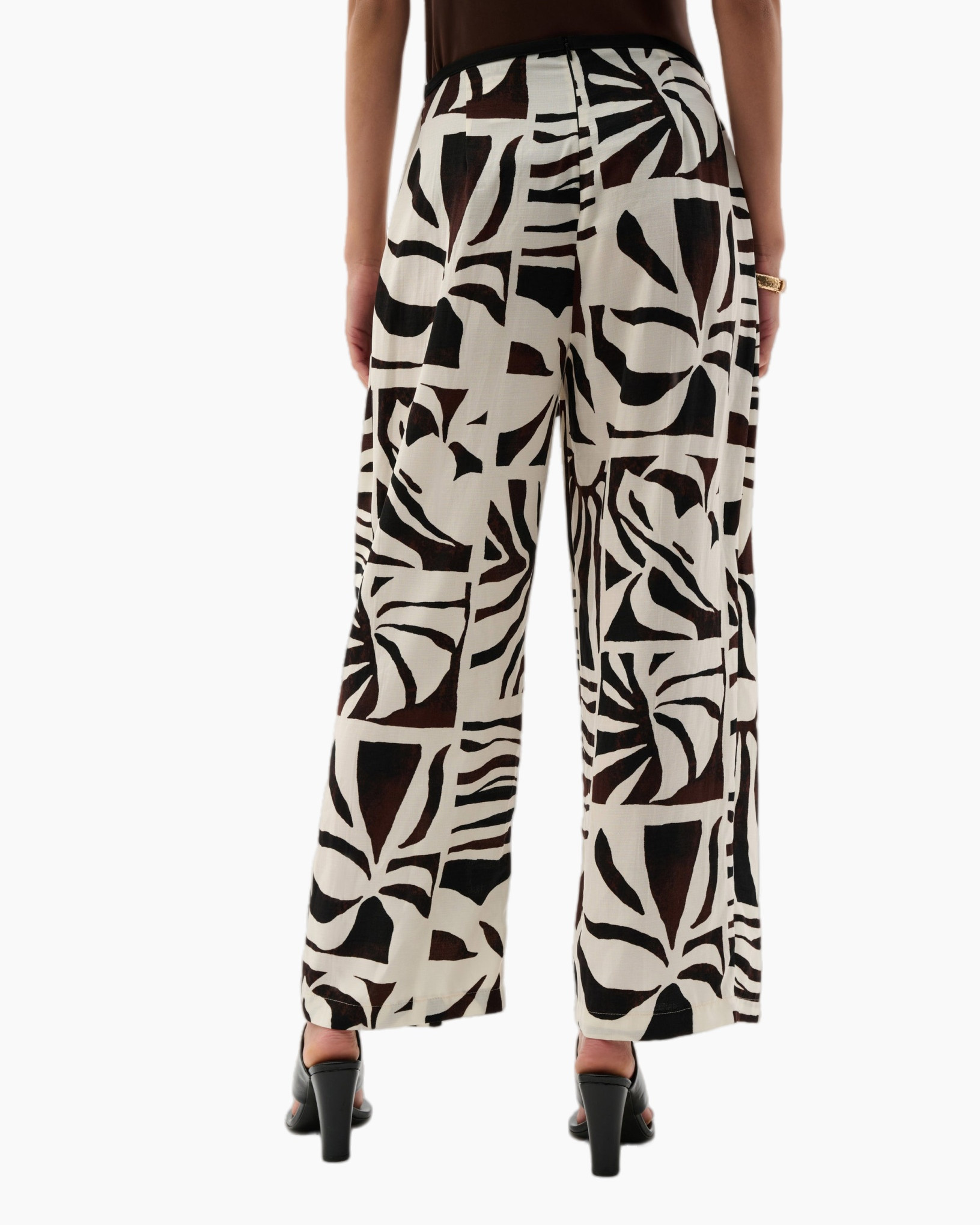 palazzo pants, abstract print, cropped wrap, beige brown, tie waist