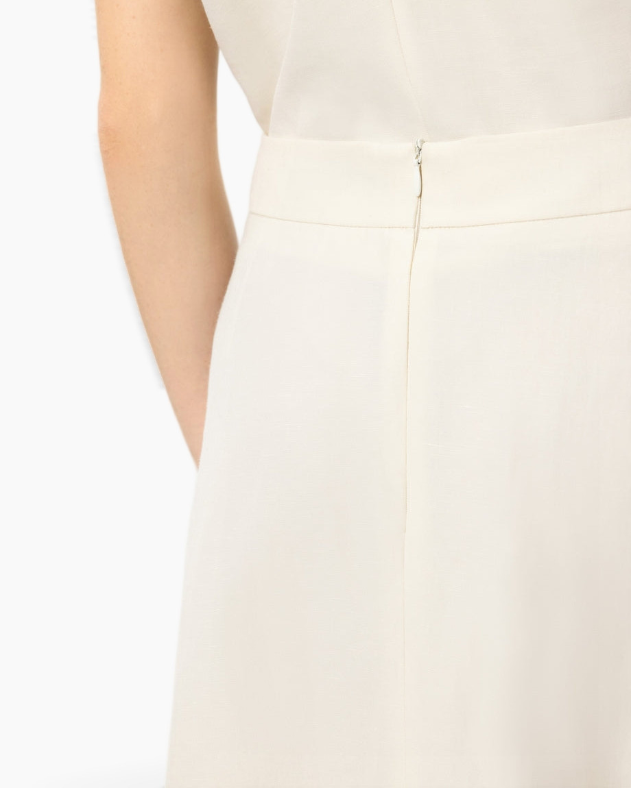 cream dress, zipper back, high waist, side pocket, plain fabric