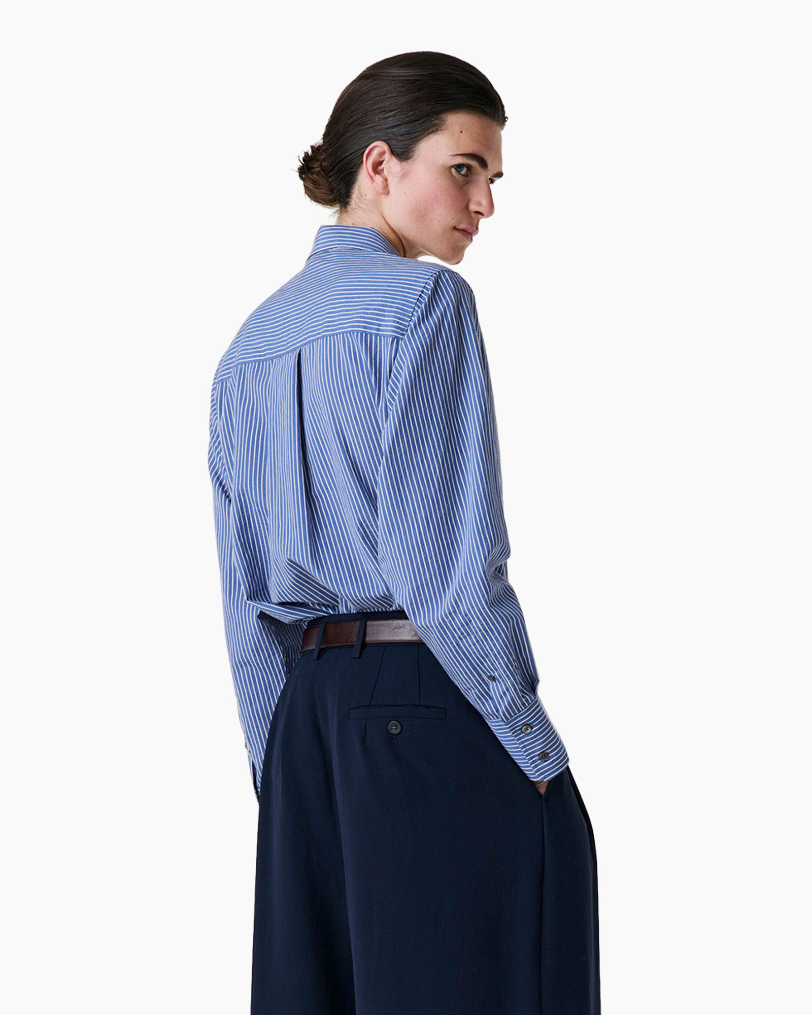 blue striped shirt, dress shirt, long sleeve, buttoned cuffs, back pleat