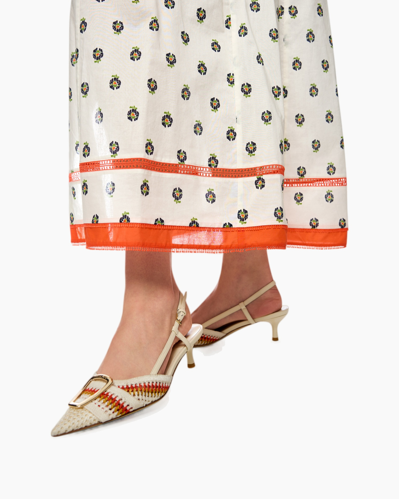 ankle-strap heel, pointed toe, woven pattern, orange border, calf-length dress