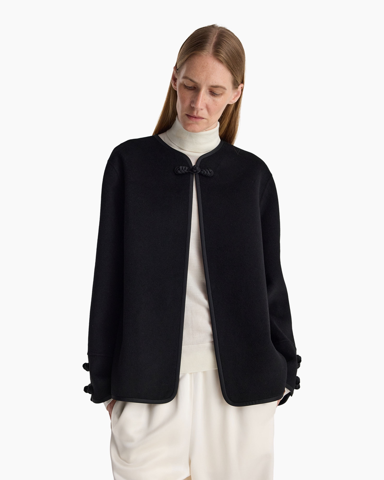 coat, black, open front, knotted closure, long sleeves