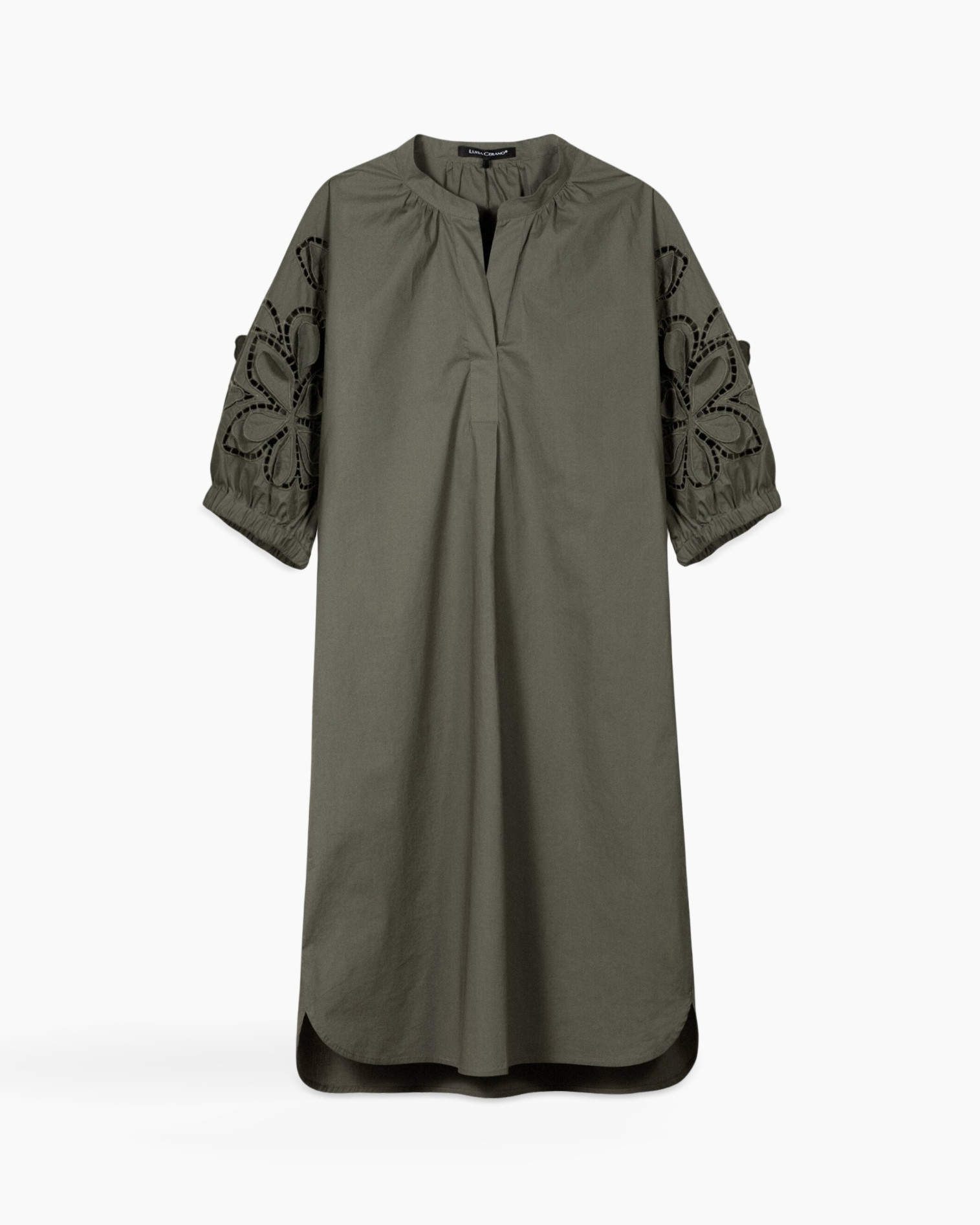 garment, tunic, olive, embroidery, 3/4 sleeves