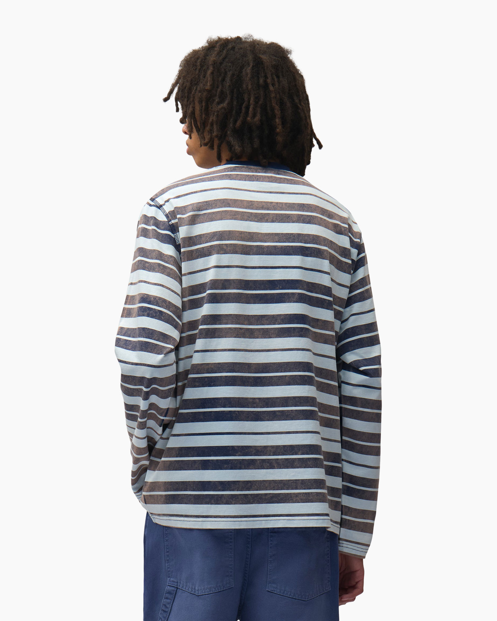 striped shirt, long sleeve, crew neck, blue tones, casual top