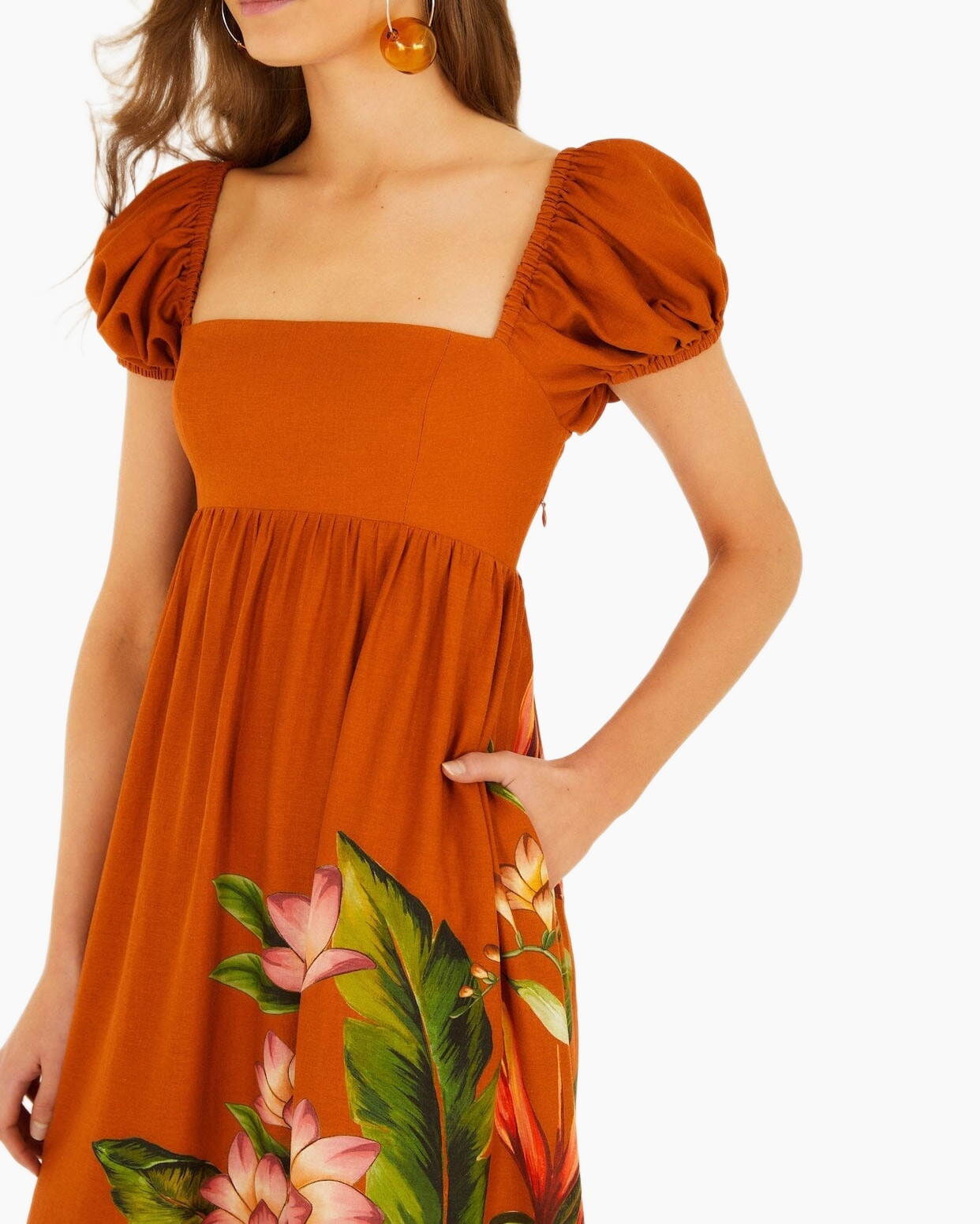 dress, orange, puff sleeves, floral print, -midi dress