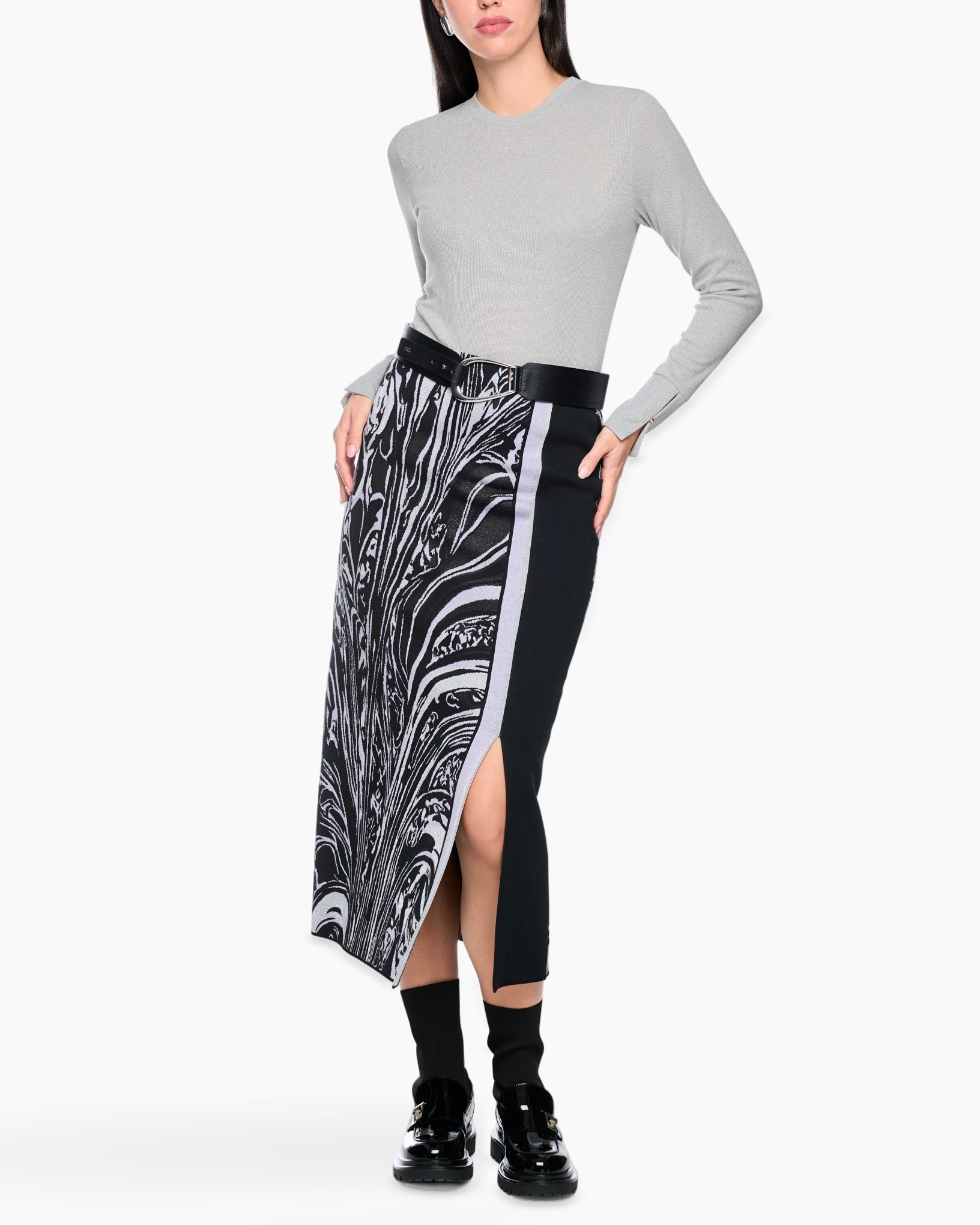skirt, mixed print, slit, mid-length, belted