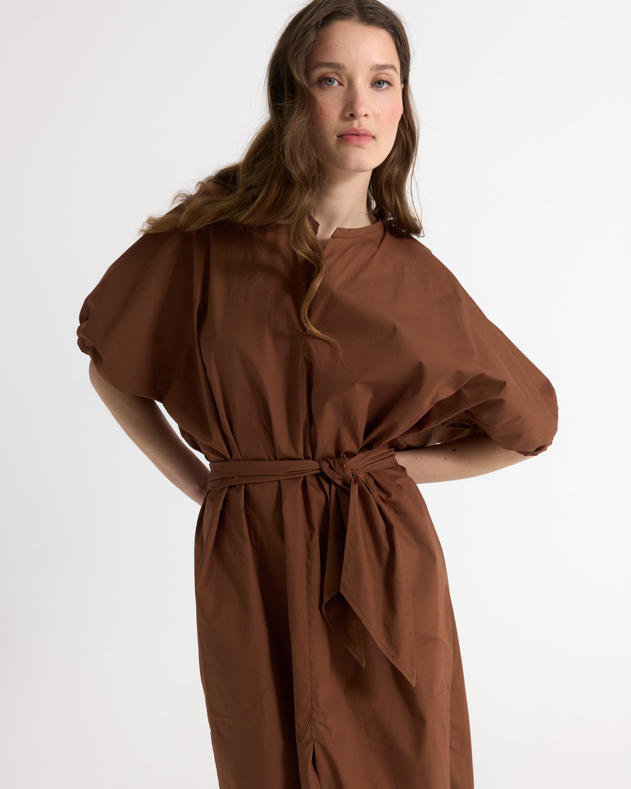 dress, brown, belted, short-sleeve, loose-fit