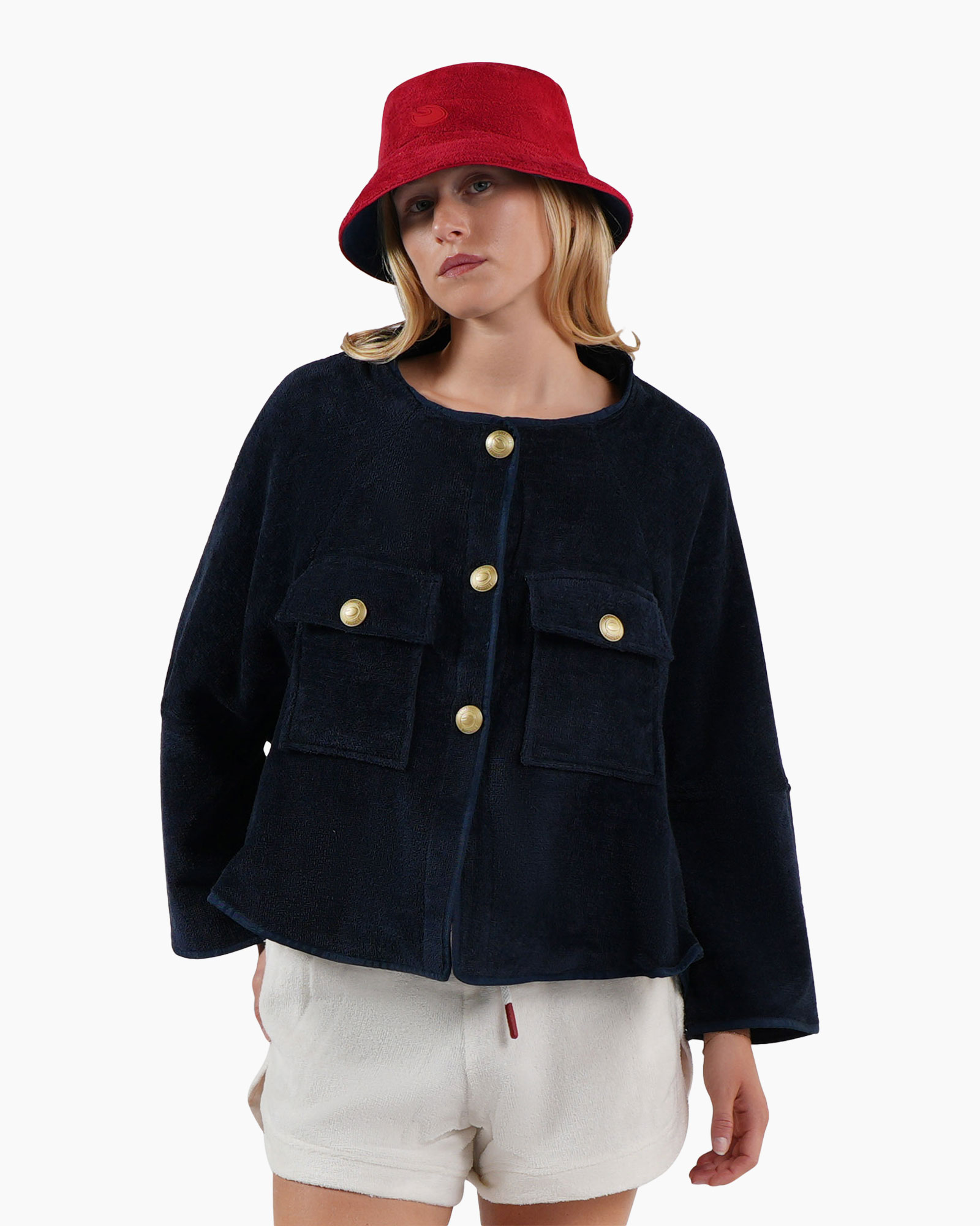 navy jacket, corduroy, front pockets, gold buttons, bucket hat