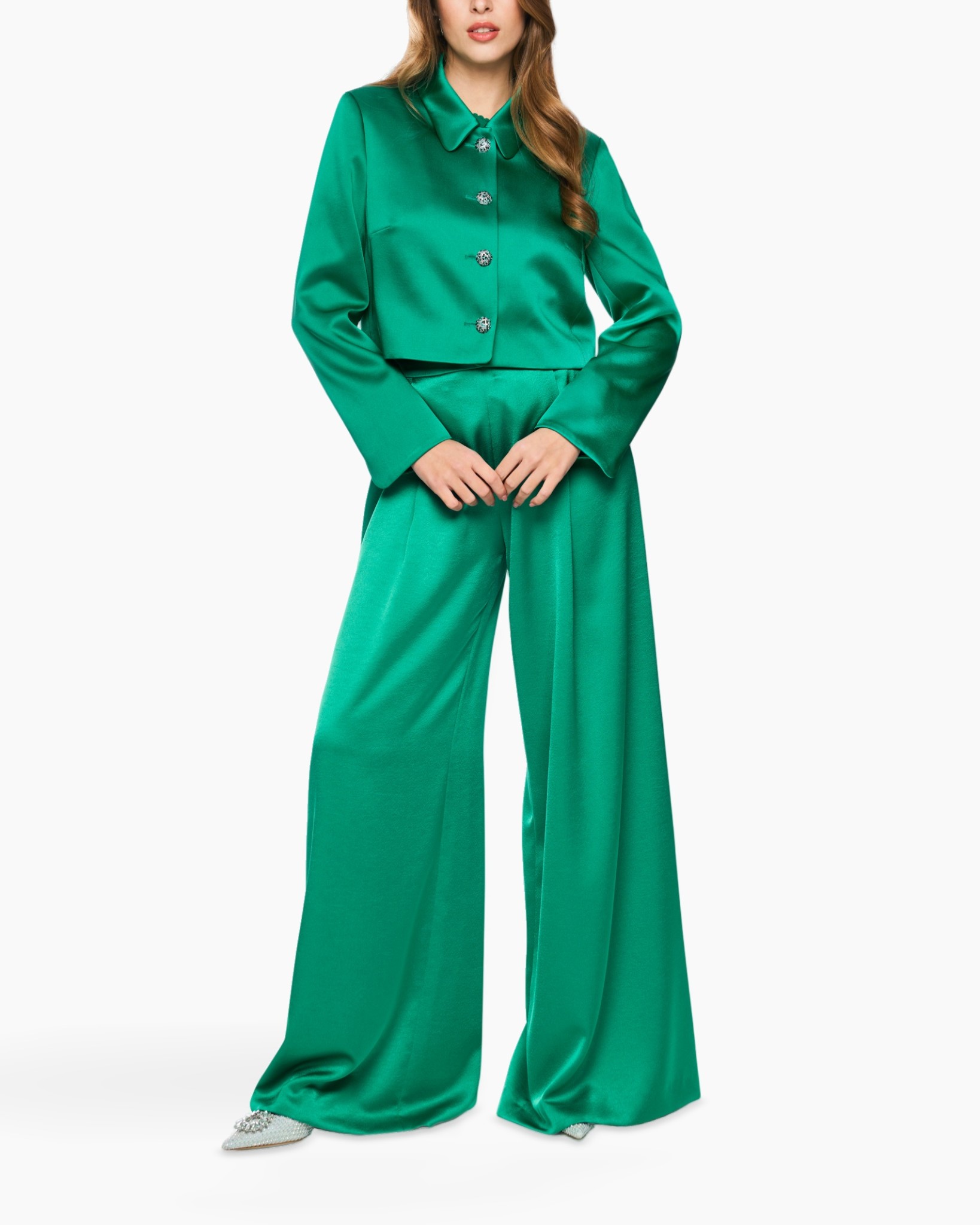 pants, wide-leg, green, silky, two-piece set
