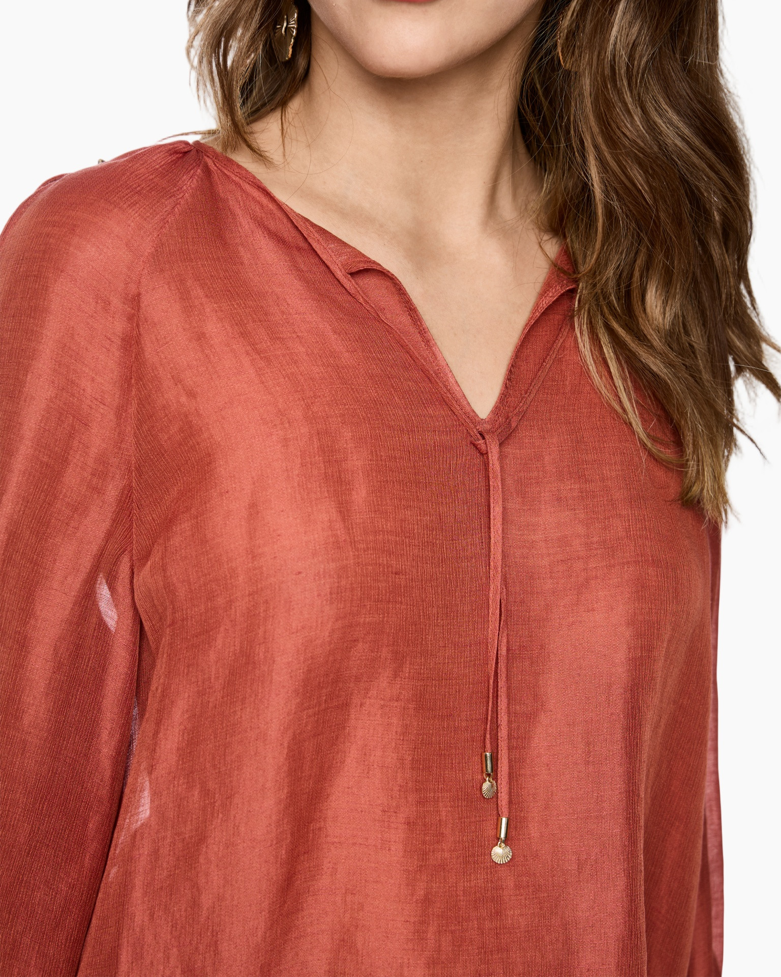 blouse, linen, rust, v-neck, tie-detail