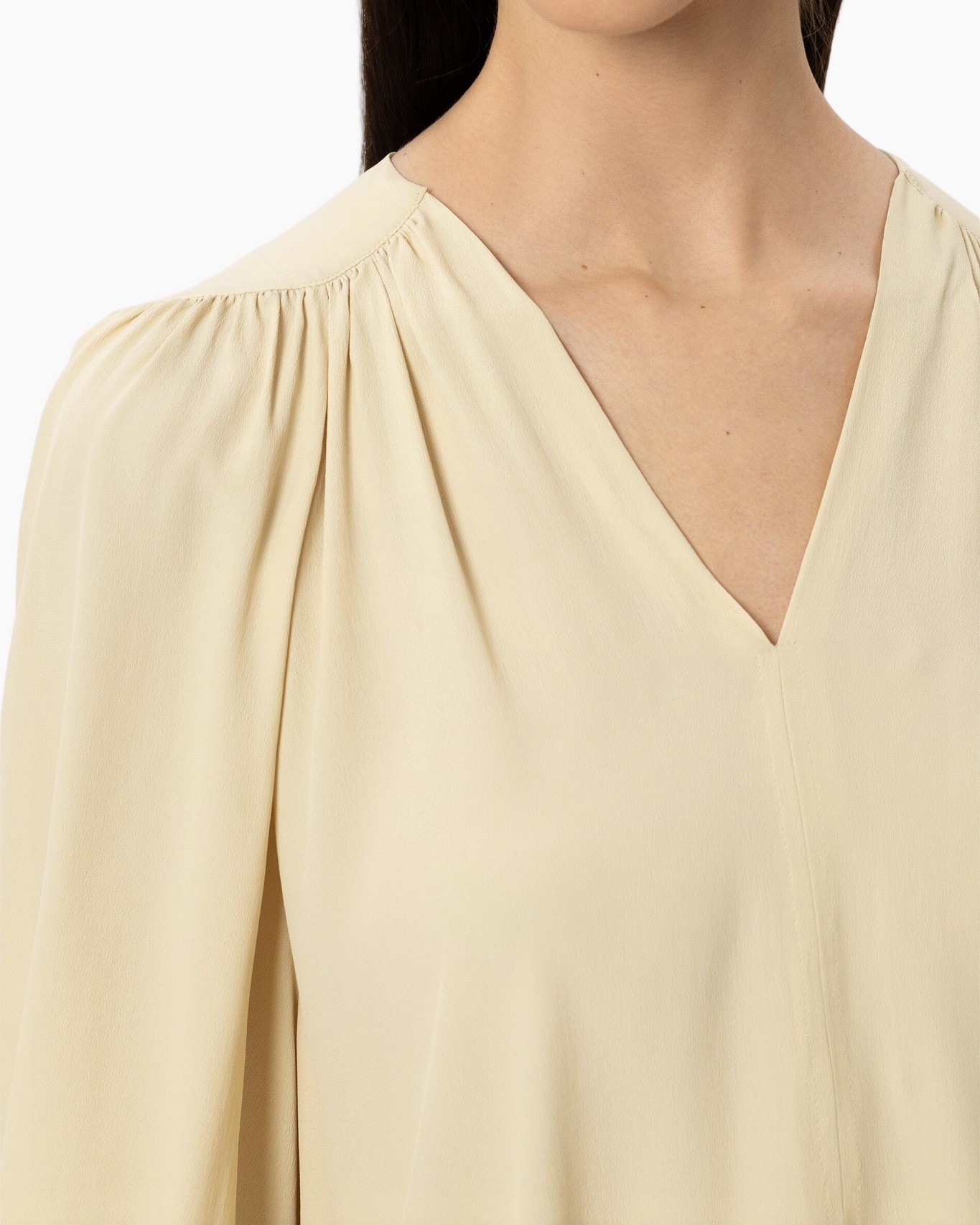 blouse, cream, v-neck, pleats, long-sleeve