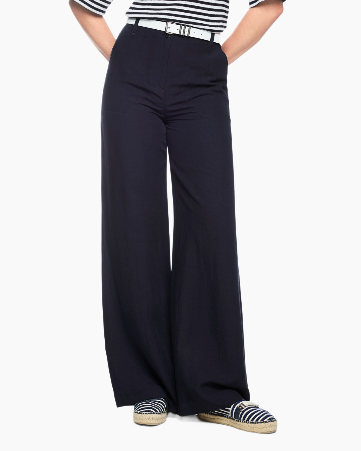 pants, wide-leg, navy, linen?, belt