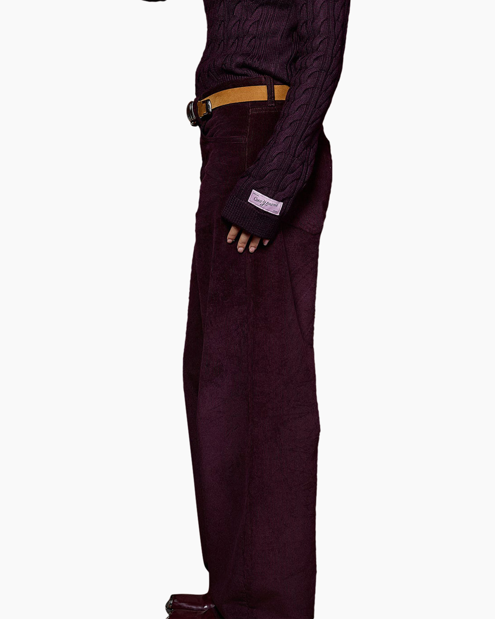corduroy, pants, pleated, belt, purple