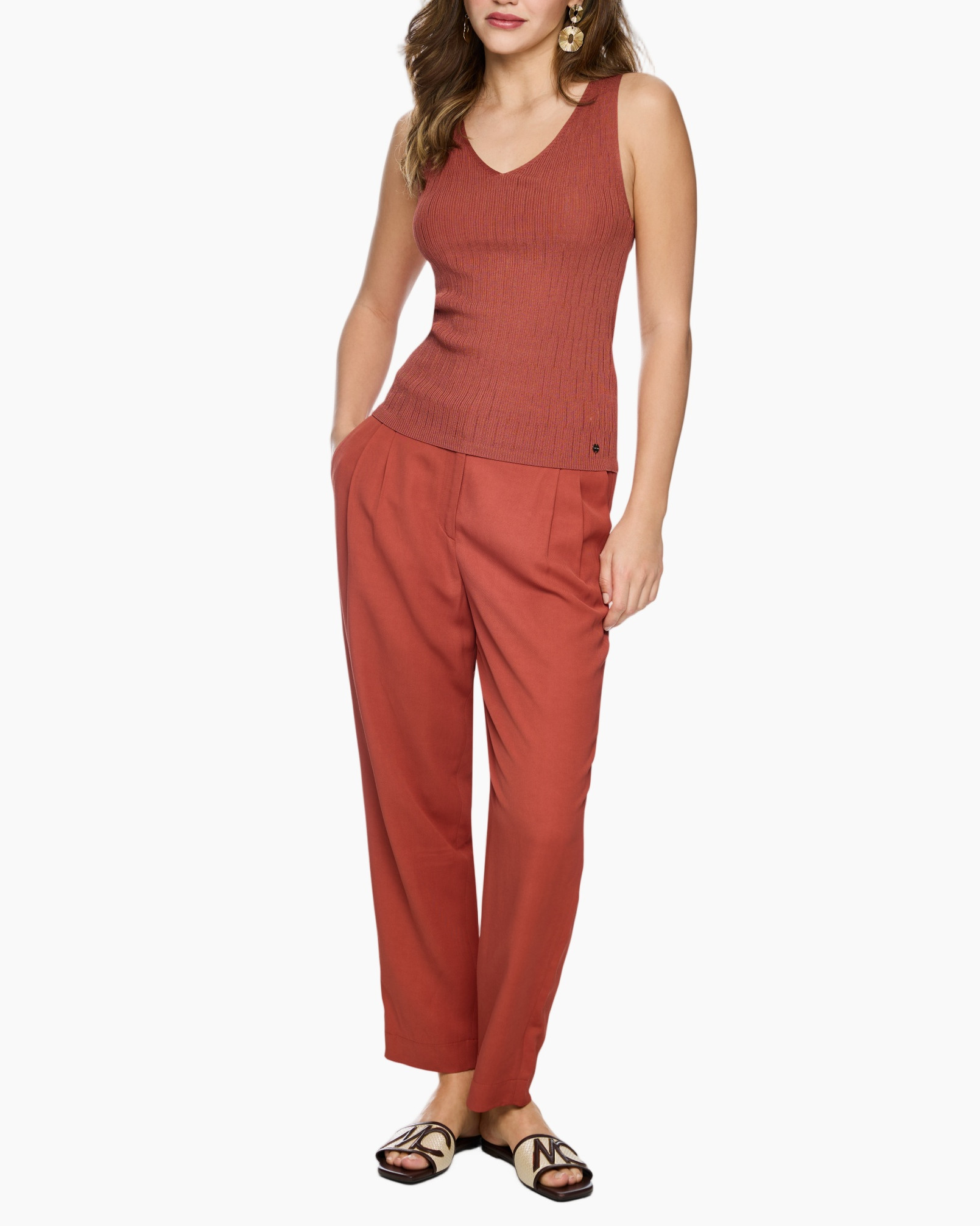 tank top, ribbed knit, sleeveless, casual pants, rust color
