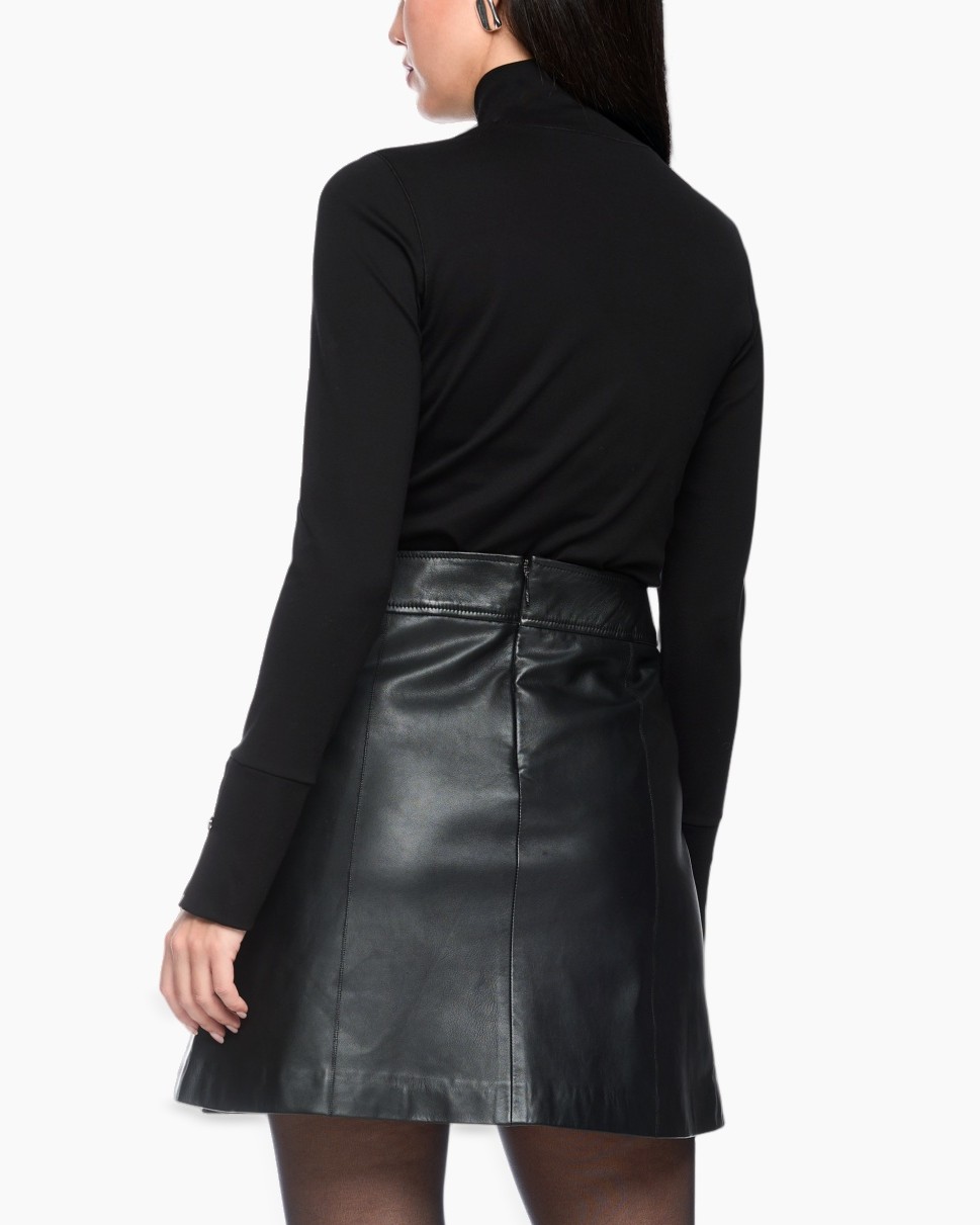 black, turtleneck, knit, leather, skirt