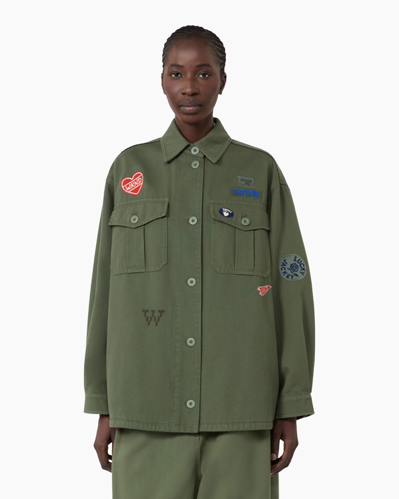 jacket, olive green, patches, military style, long sleeve