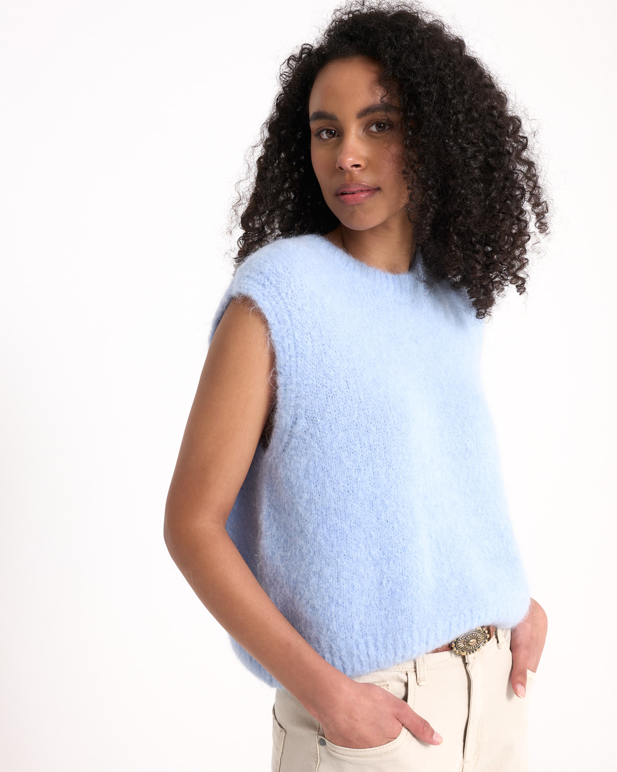 sleeveless sweater, light blue, knit top, fuzzy texture, women's top