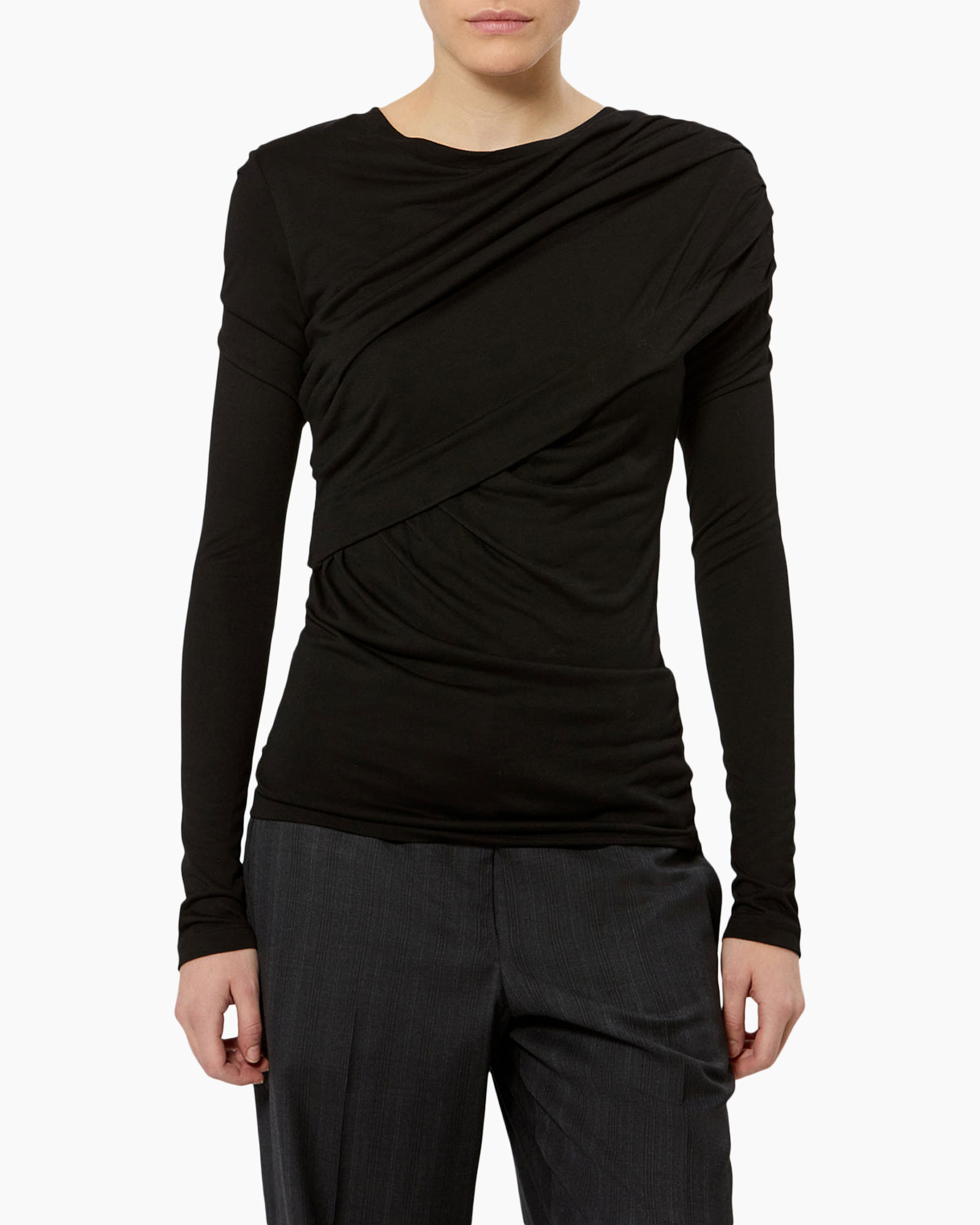 black top, long sleeve, wrap design, crew neck, fitted hem