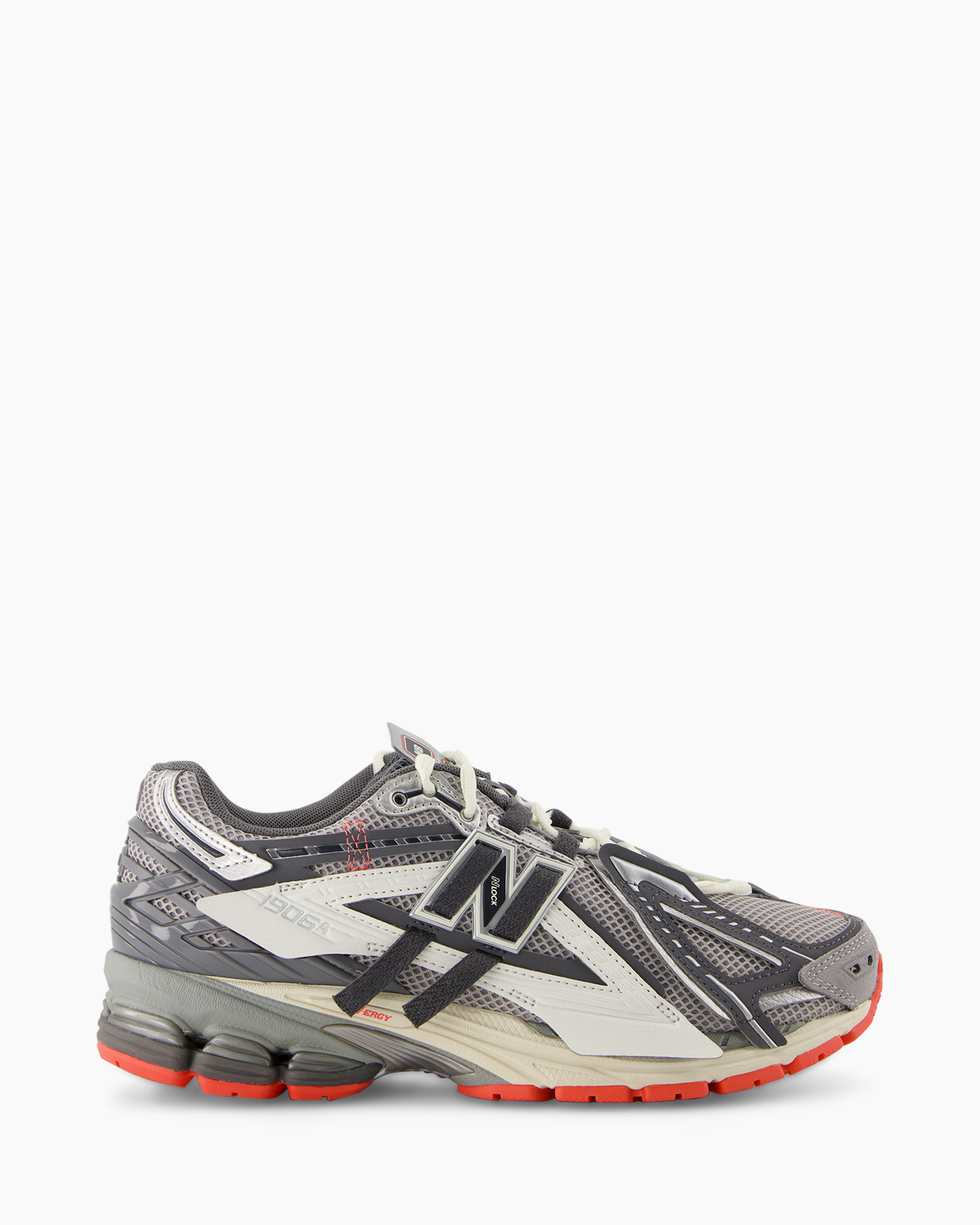 running shoe, athletic shoe, mesh upper, foam midsole, gray red sole