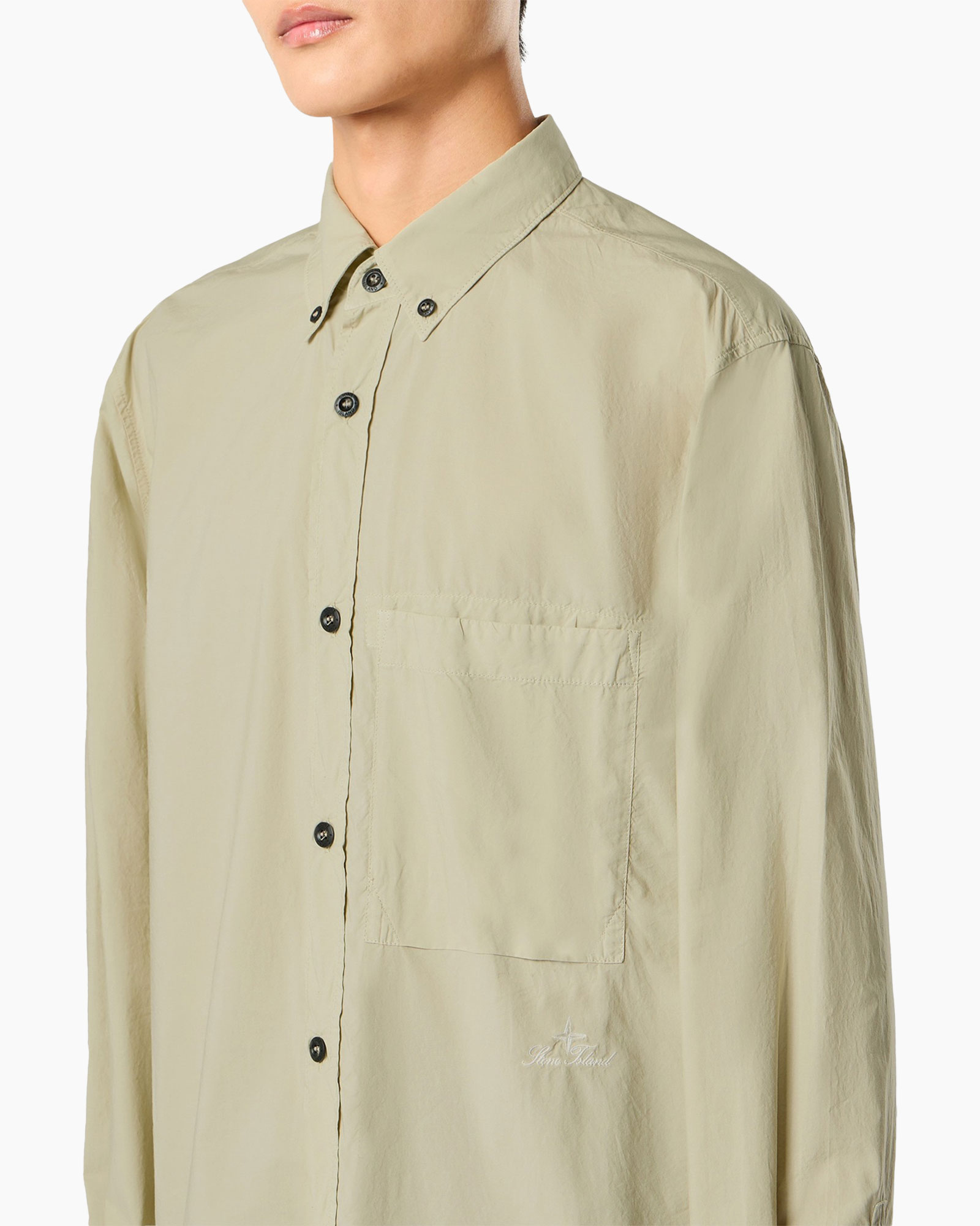 shirt, button-down, long-sleeve, pocket, beige