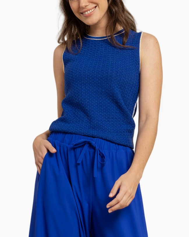 blue top, sleeveless, textured knit, crew neck, blue pants