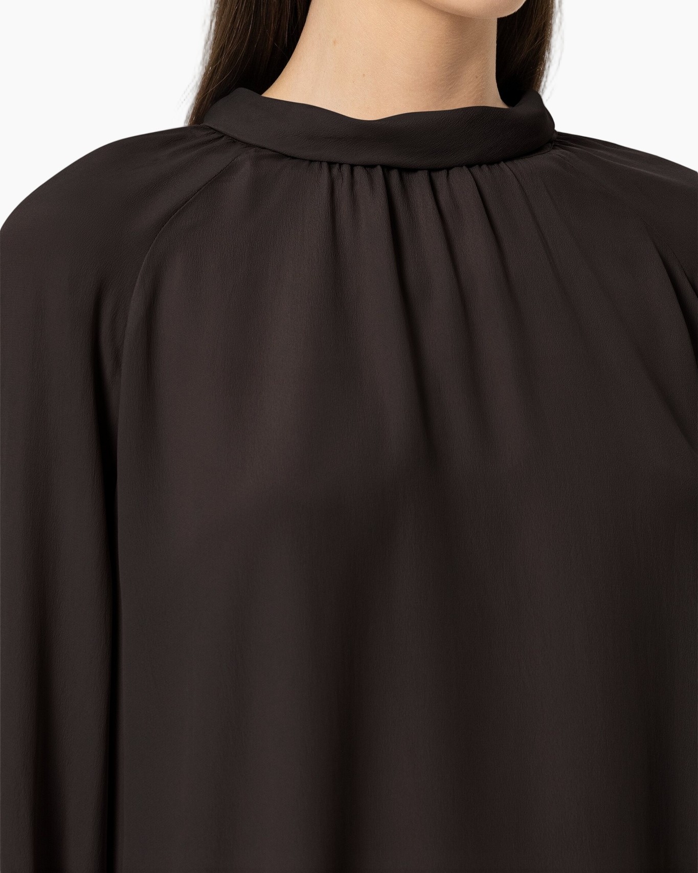 top, blouse, brown, high-neck, gathers