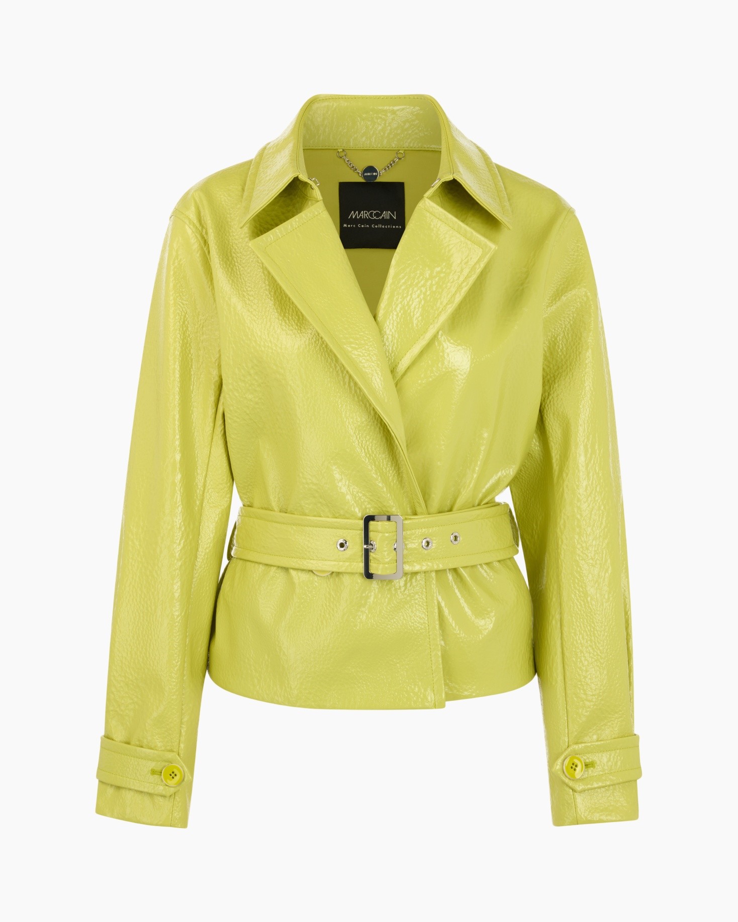 jacket, leather, belted, yellow, collared