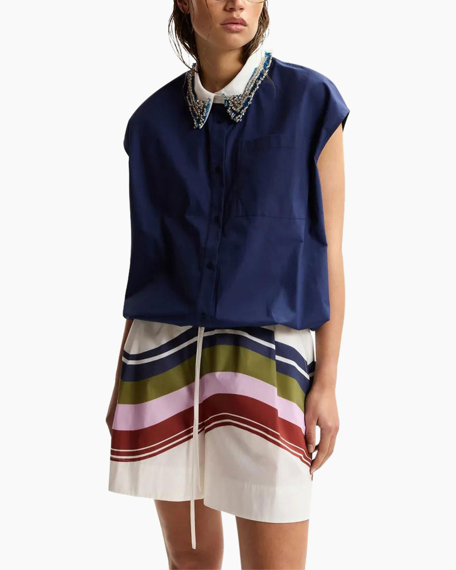 navy blouse, collared shirt, short-sleeve, beaded collar, multicolor shorts