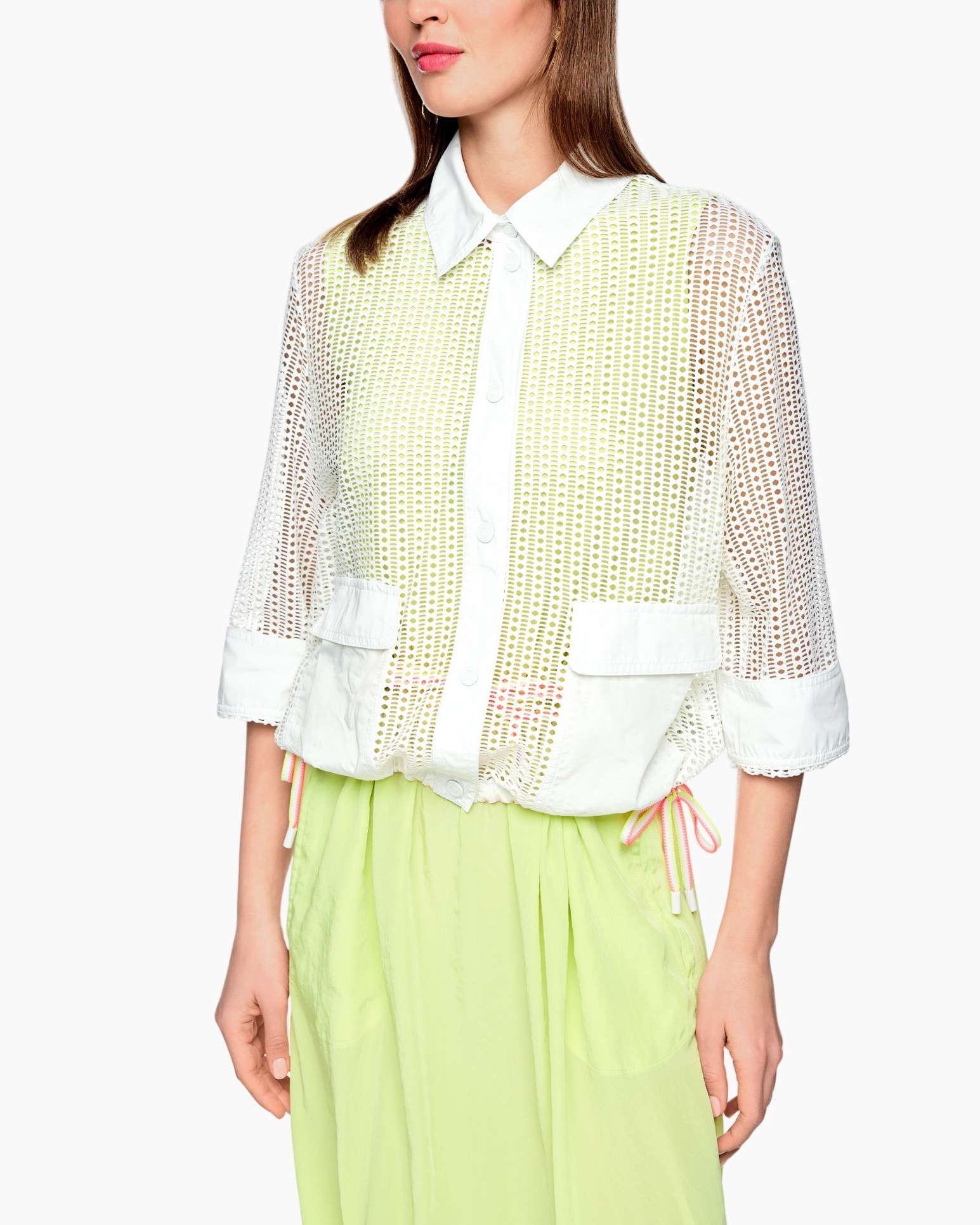 lace shirt, mesh top, collared, white, semi-transparent