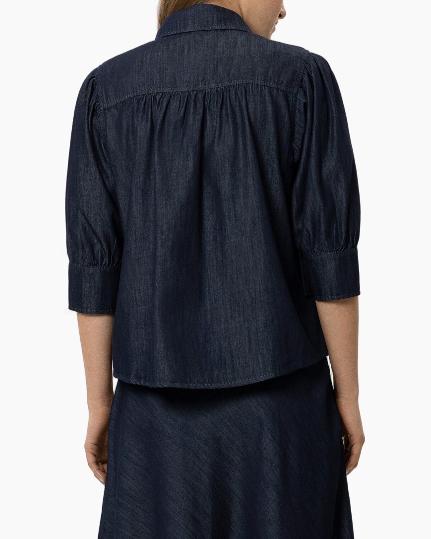 denim, button-up, collar, three-quarter sleeves, pocketless front