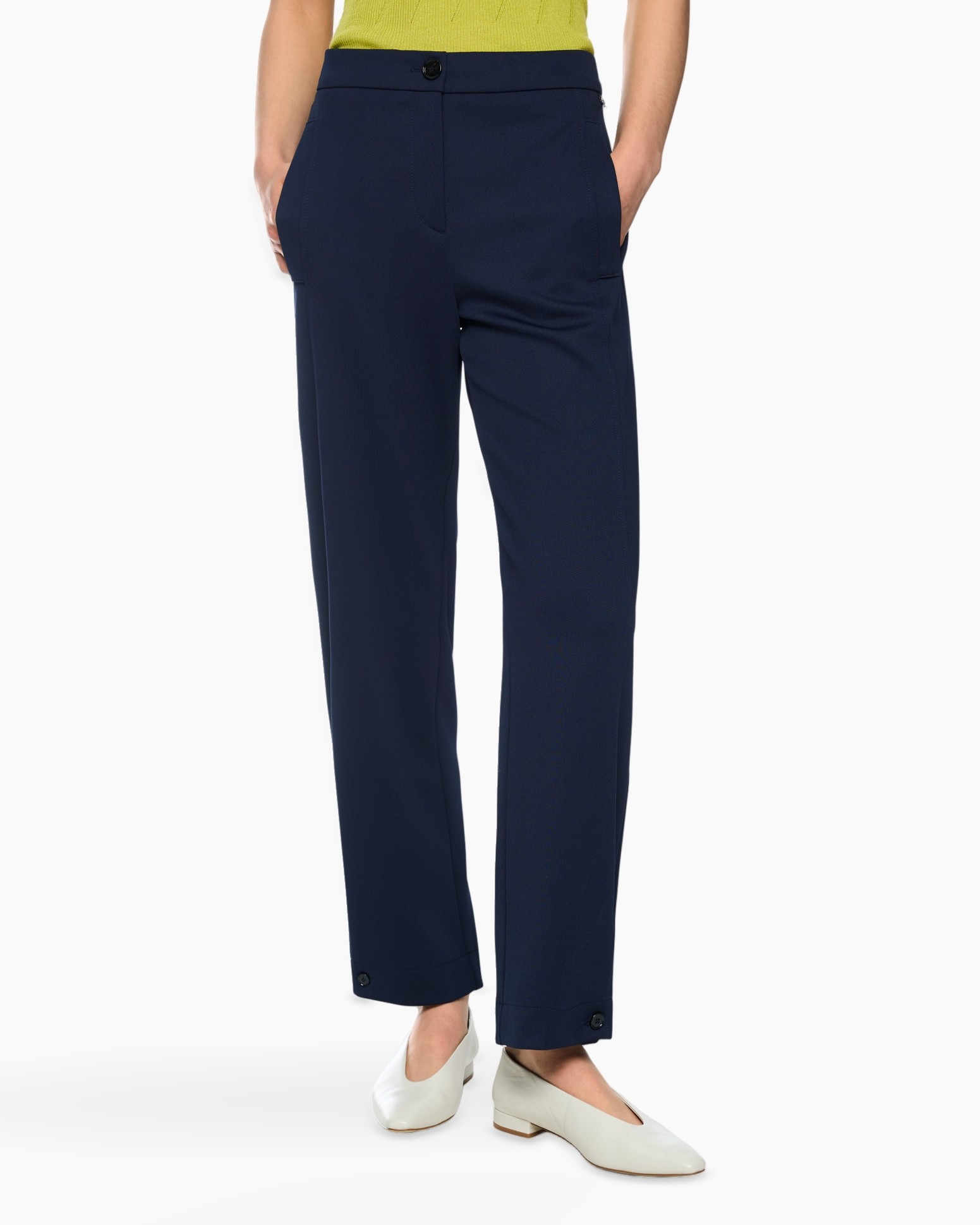 navy pants, ankle length, flat front, pocketed, solid color
