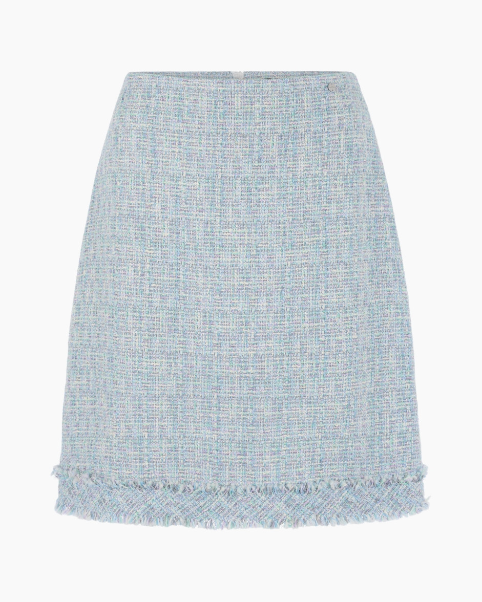 skirt, tweed, mini, light blue, fringe hem
