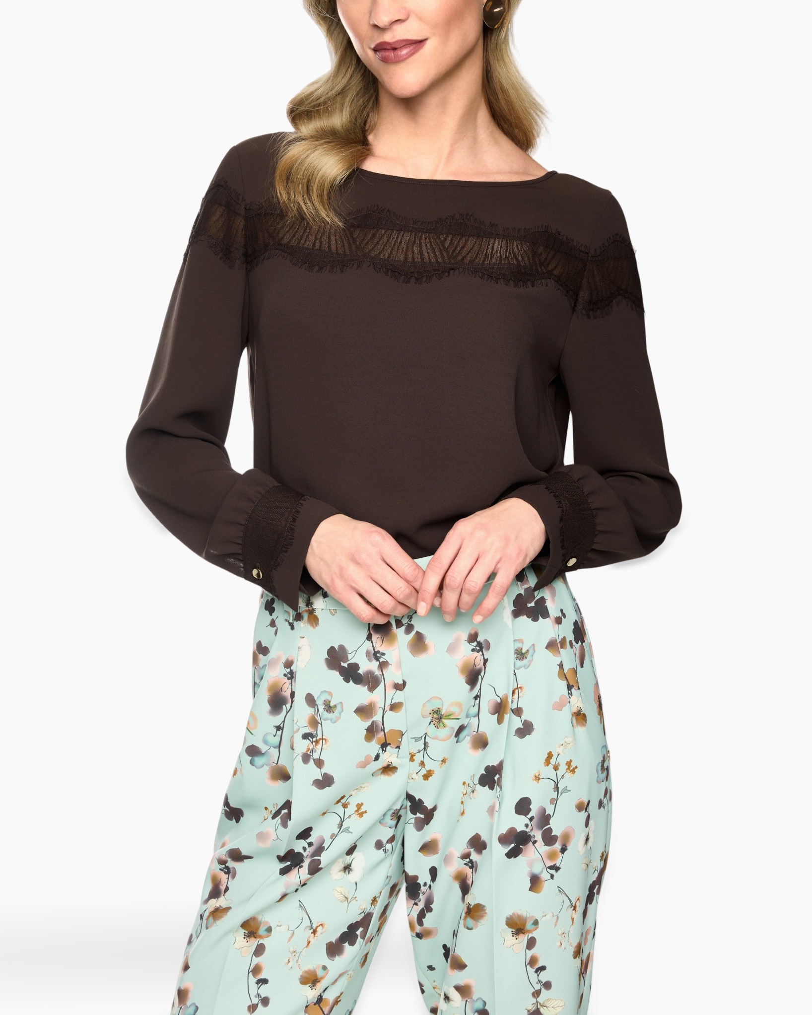 blouse, lace, long sleeves, brown, top