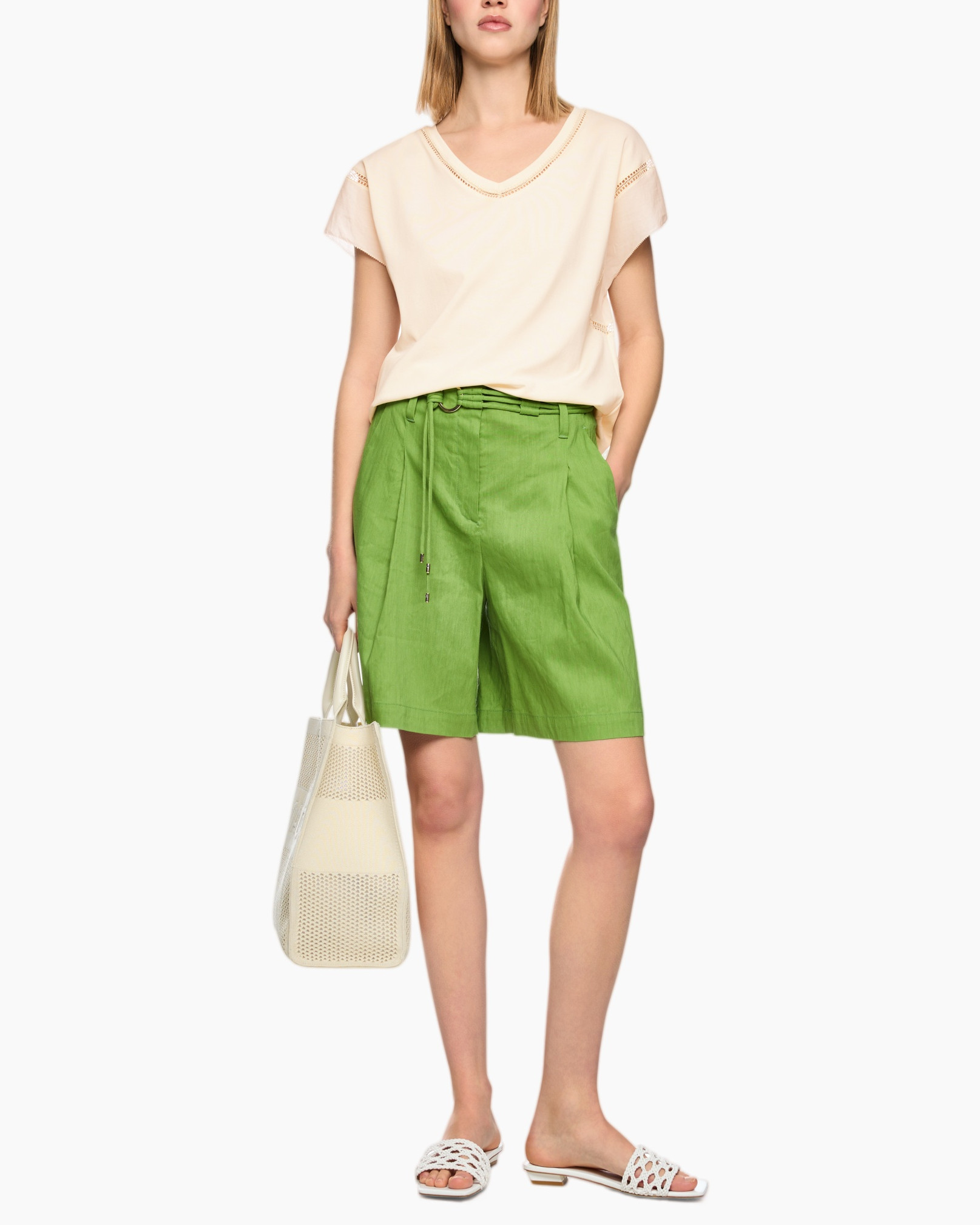 t-shirt, shorts, linen, green, bag