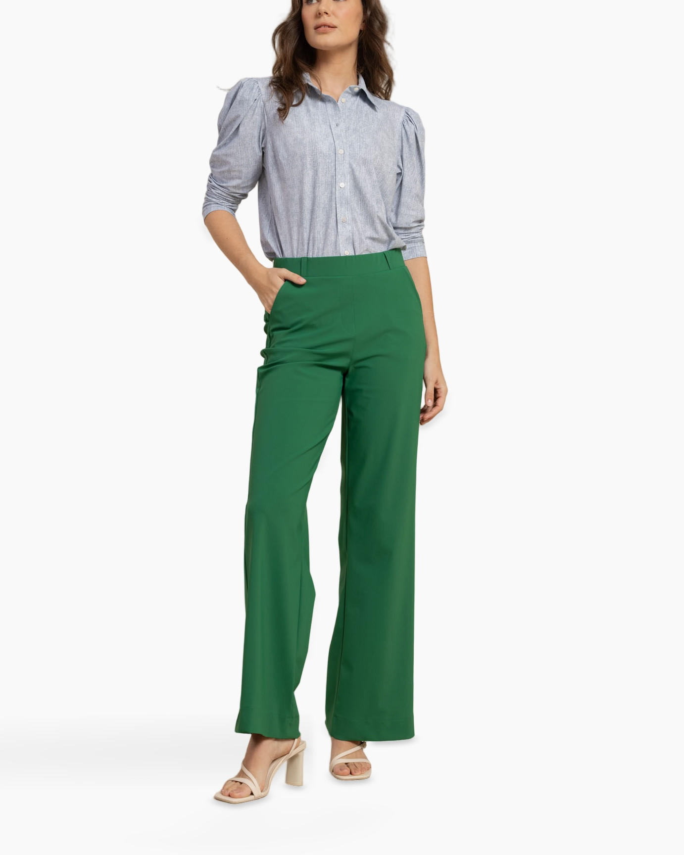 green pants, wide-leg, trousers, elastic-free?, pants length?