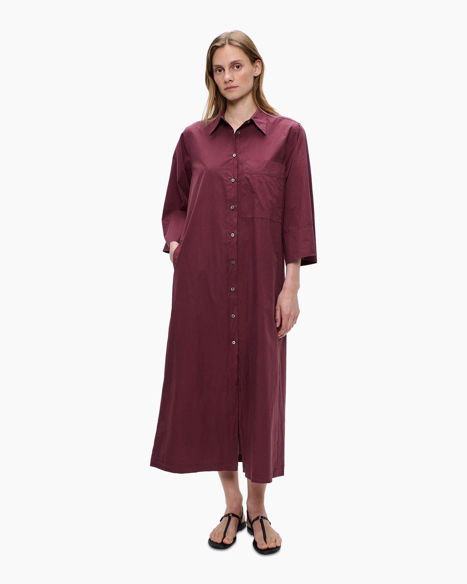 dress, shirt dress, mid-length, belt, burgundy