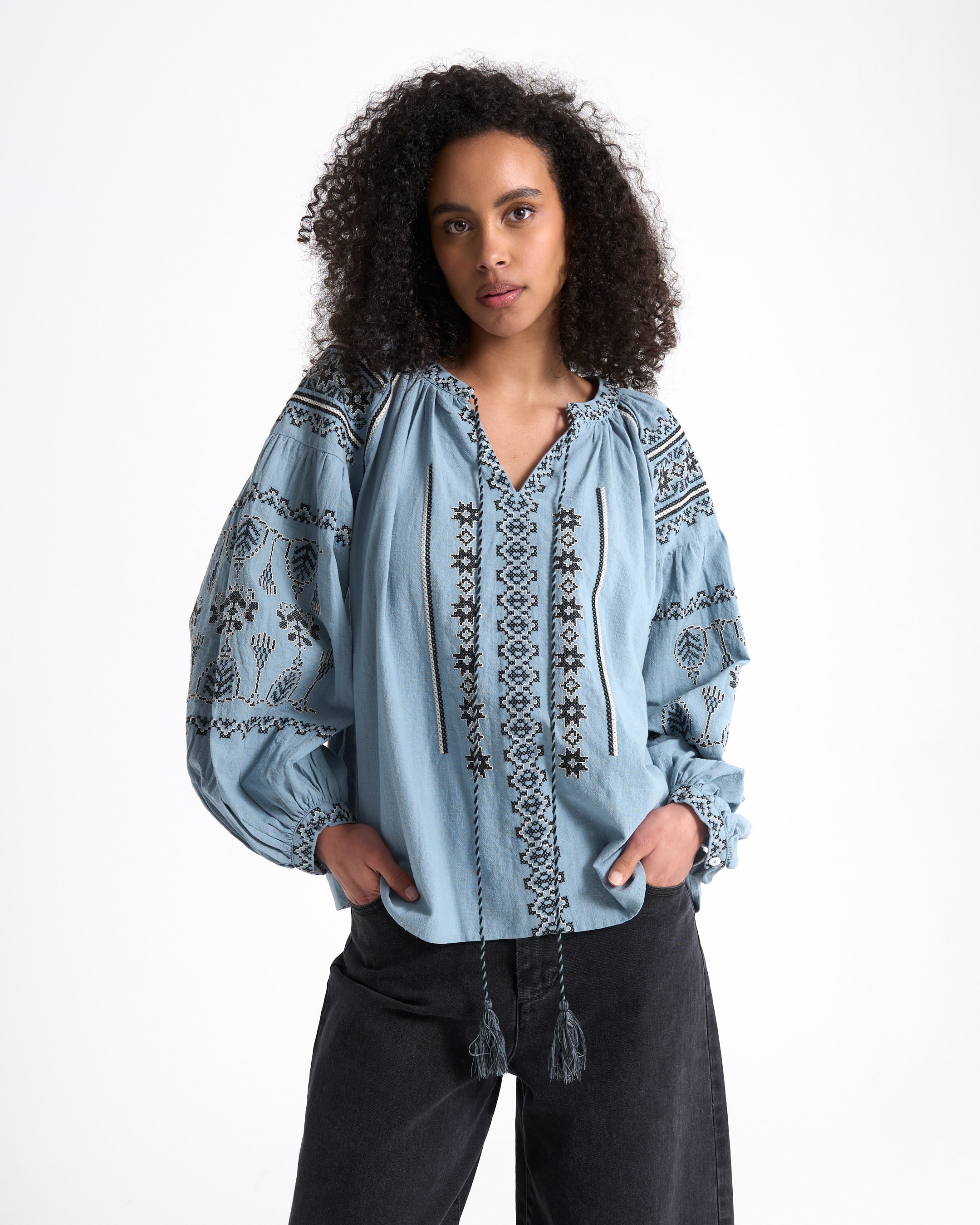 embroidered blouse, boho top, flowy shirt, light blue, long sleeve